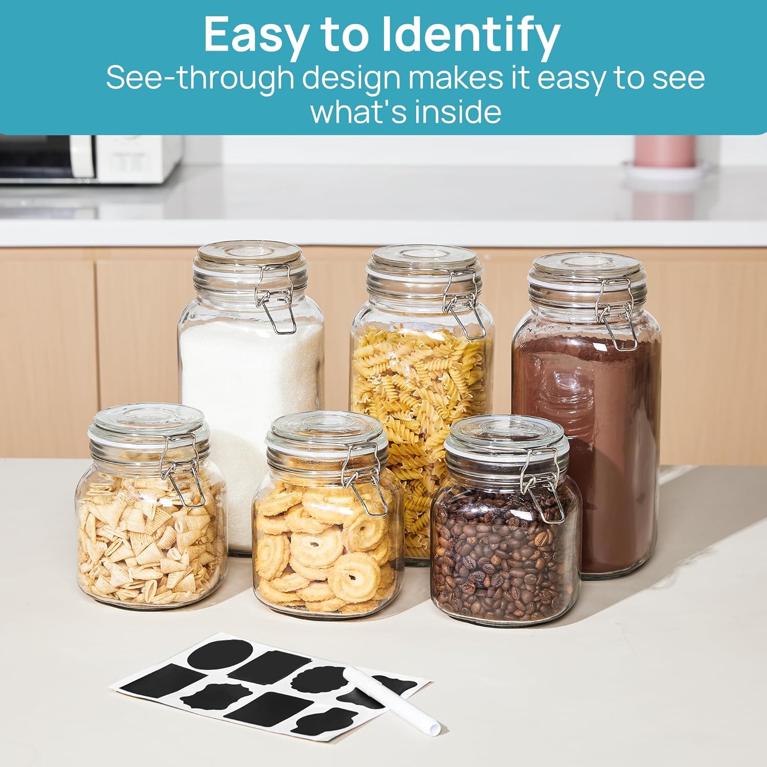 Vtopmart 78oz Glass Food Storage Jars with Airtight Clamp Lids, 3 Pack Large Kitchen Canisters for Flour, Sugar, Cereal, Coffee, Pasta and Canning, Square Mason Jars with 8 Reusable Labels - Image 6