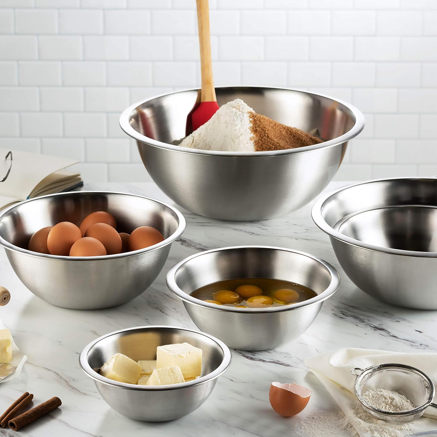 FineDine Stainless Steel Mixing Bowls Set, Dishwasher Safe, 6 Piece Metal Mixing Bowls For Kitchen, Nesting, Large, Small, Big Food Prep, Cooking, Baking - Image 5