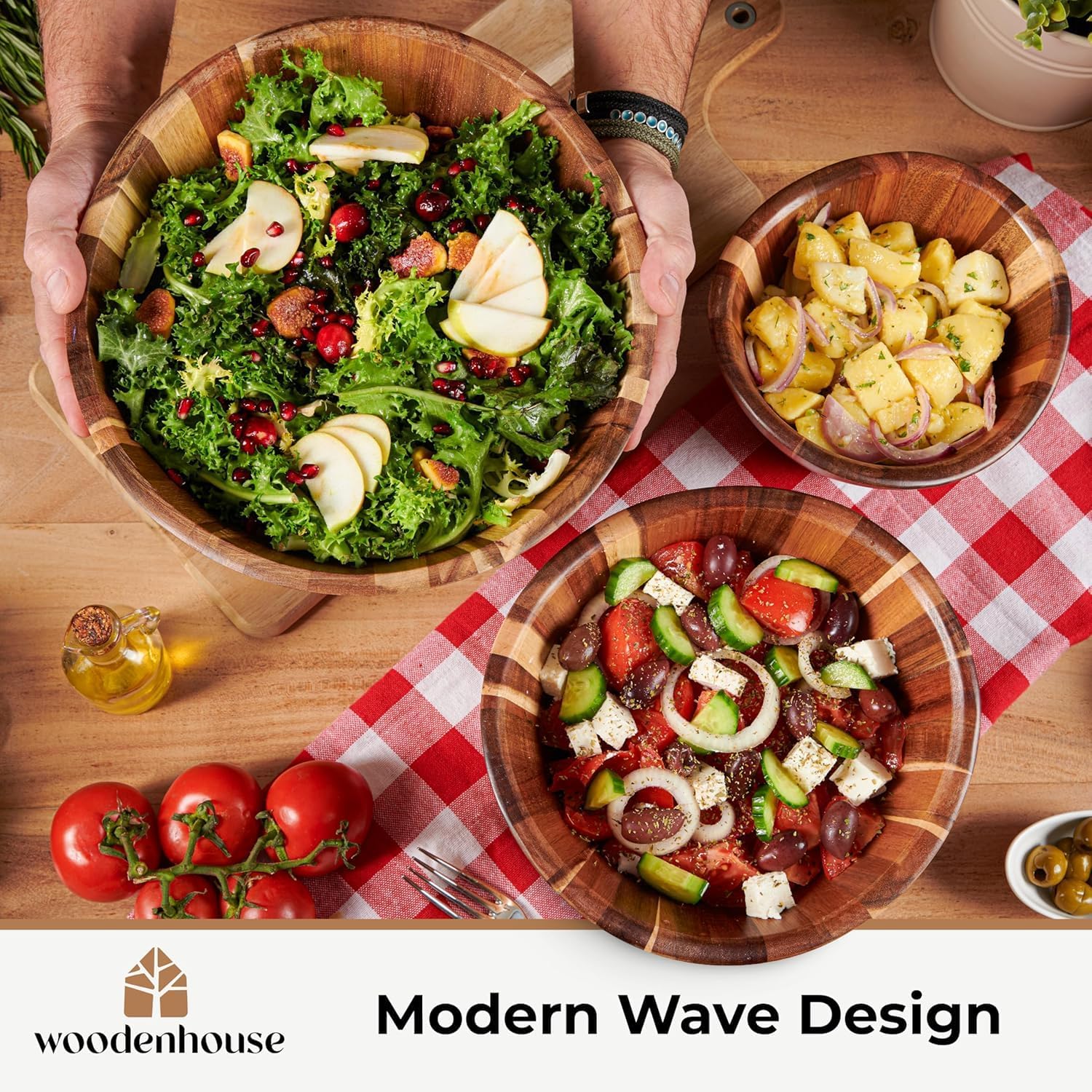 Woodenhouse Wooden Salad Bowl Set, Salad Bowls Set of 3 - Wavy Design Salad Bowl Set for Serving, Handmade, Durable and Stylish Natural Wood Dining Accessory - Image 5