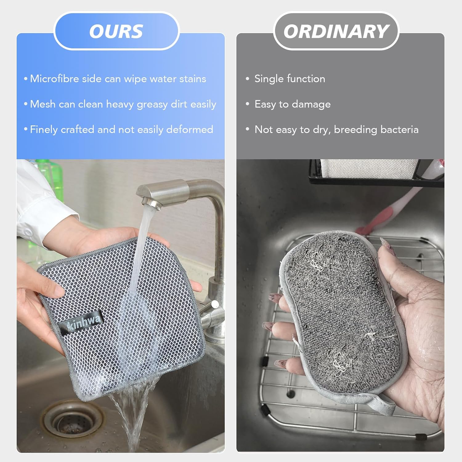 KinHwa Kitchen Washcloths for Dishes Absorbent Microfiber Dish Cloths Quick Dry Dish Rags with Poly Scour Scrub Side Ideal for Kitchen Cleaning (Gray, 7inchx7inch 9 Pack) - Image 2
