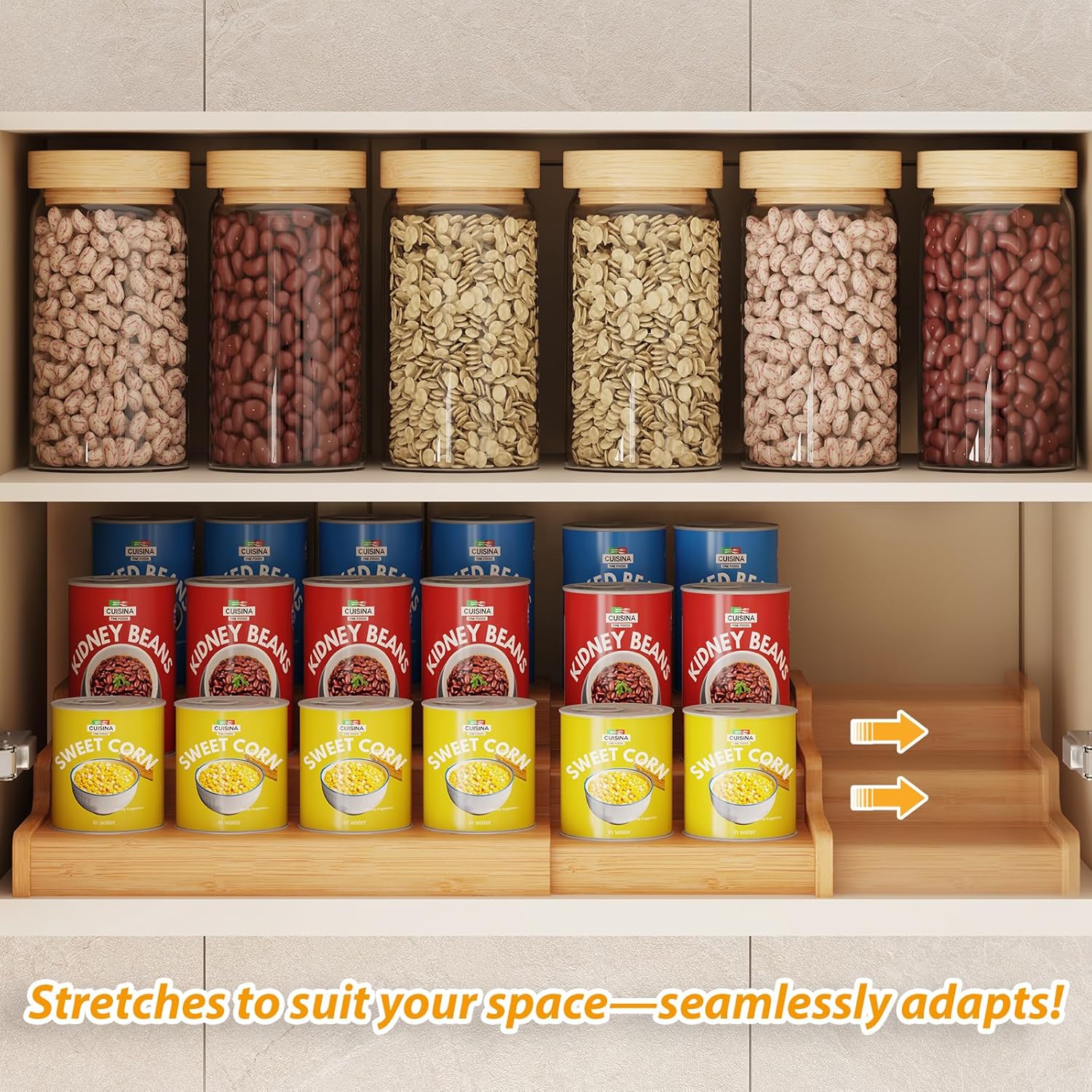 Expandable Bamboo Can Rack Organizer for Pantry, 3-Tier Adjustable Can Storage Holder, Soda Organizer Holds Up to 24 Cans, Canned goods Storage Display for Pantry, Cabinet, Countertop (patent pending) - Image 3