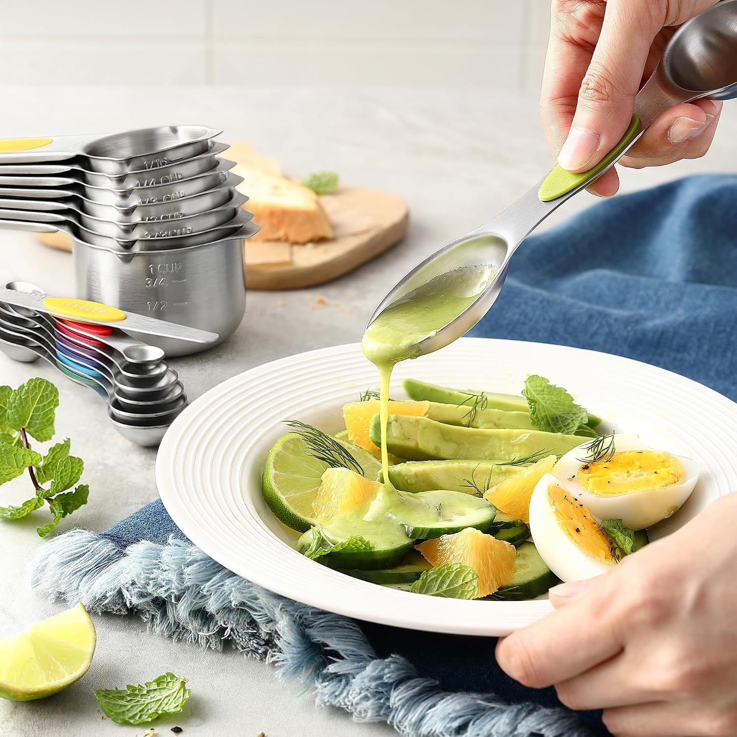Spring Chef Magnetic Measuring Cups & Spoons Set, Patented, Strong N45 Magnets, Heavy Duty Stainless Steel Fits in Spice Jars for Baking & Cooking, BPA Free, Set of 15 with Leveler, Multicolor - Image 8