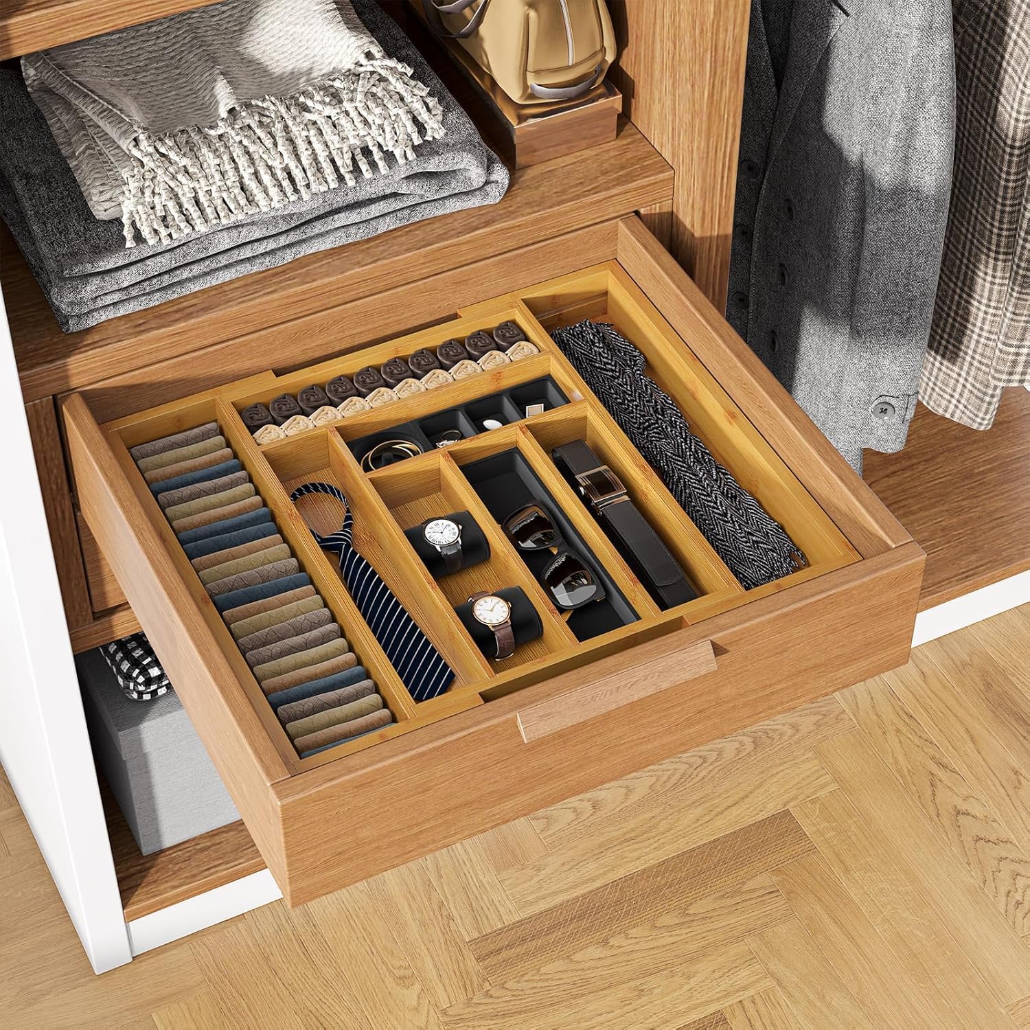 Pipishell Bamboo Expandable Silverware Drawer Organizer, Adjustable Kitchen Utensil Tray for Forks, Spoons and Knives, Wood Storage Cutlery Holder for Bedroom and Living Room - Image 8