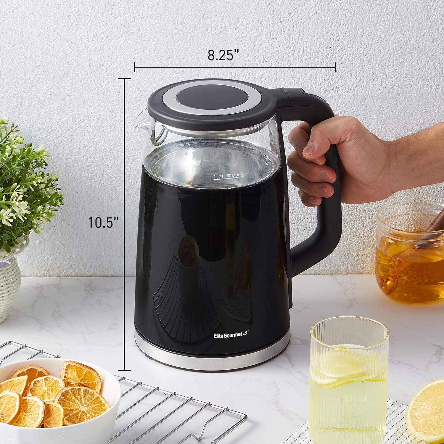 Elite Gourmet 1.7L Dual Wall Cool Touch Electric Tea Kettle, Borosilicate Glass, 304 Stainless Steel Interior, Programmed Digital Touchscreen, Keep Warm, Auto Off & Audible Indicator, Black - Image 7