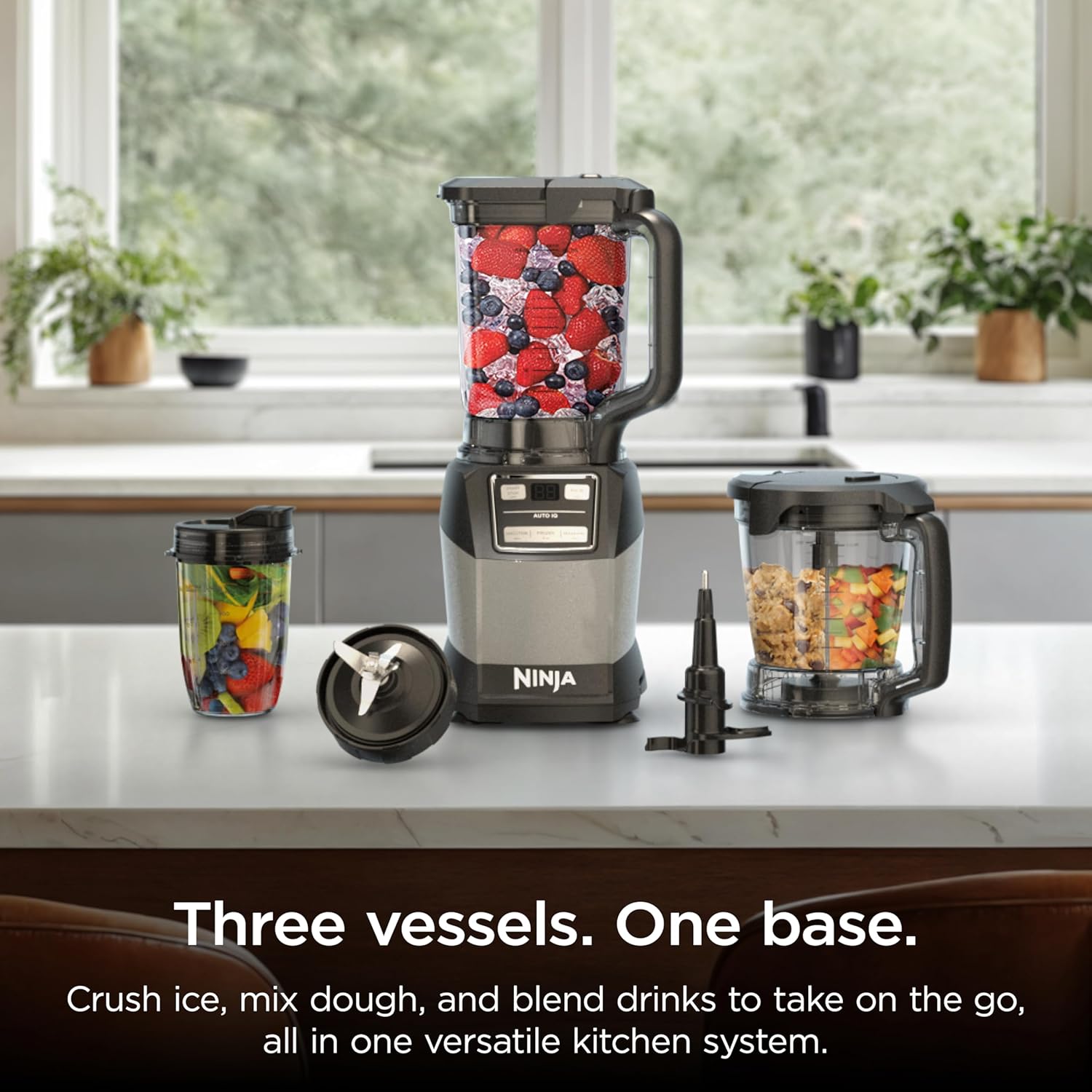Ninja Blender, Compact Kitchen System, 1200W, 3 Functions for Smoothies, Dough & Frozen Drinks with Auto-IQ, 72-oz.* Blender Pitcher, 40-oz. Processor Bowl & 18-oz. Single-Serve Cup, Grey, AMZ493BRN - Image 2