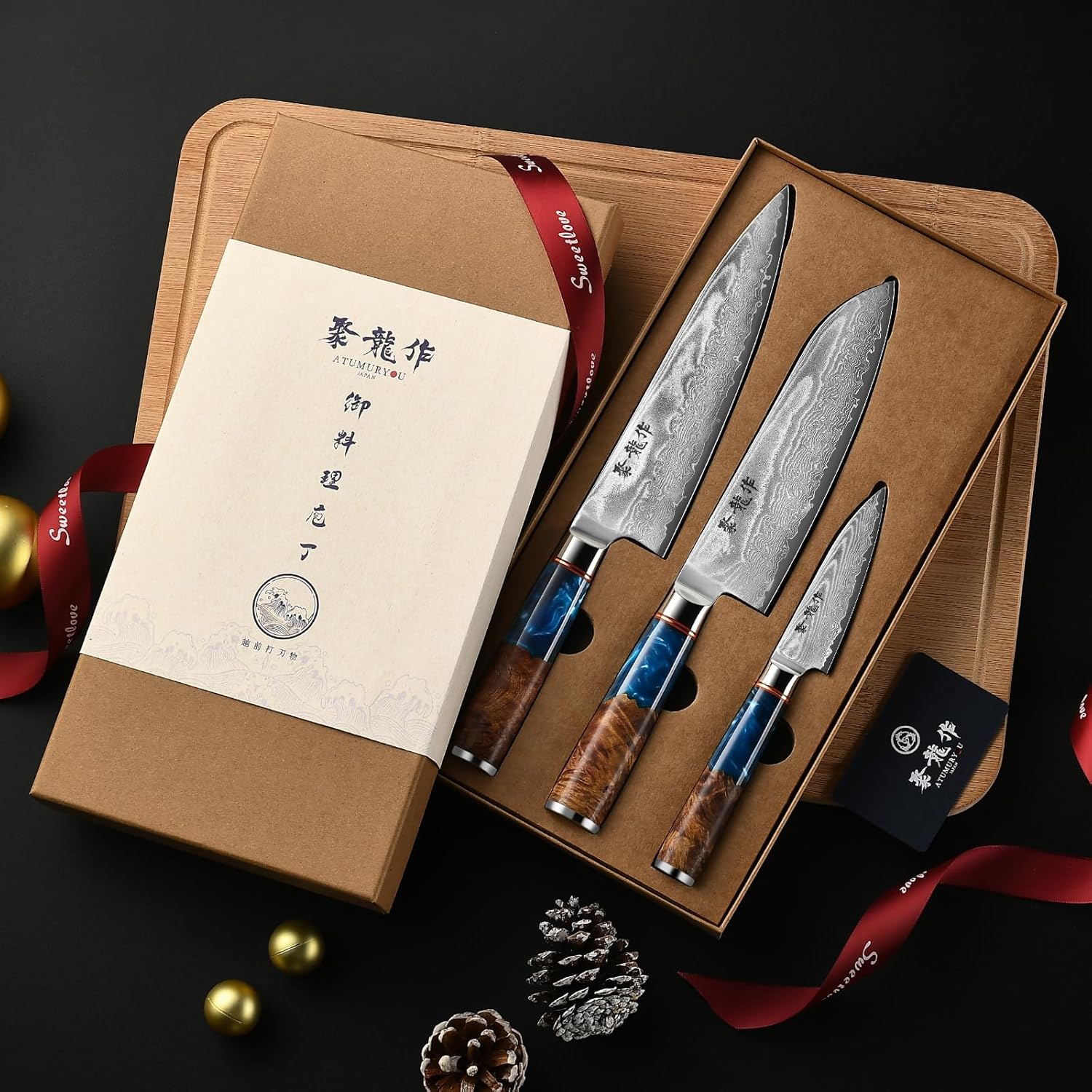 Japanese Chef Knife Set 3 Pcs, 67-Layer Damascus Kitchen Knife Set with VG10 Steel Core, Professional Sharp Damascus Knives with Ocean-Blue Ergonomic Handle, Include Elegant Cooking Gifts Box - Image 8