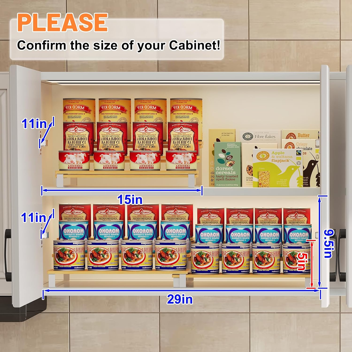 Expandable Can Organizer for Pantry, 3-Tier Adjustable Bamboo & Iron Can Rack for Cabinets, Easy-Access Storage for Canned Goods, Holds Up to 30 Soda & Soup Cans, White - Image 3