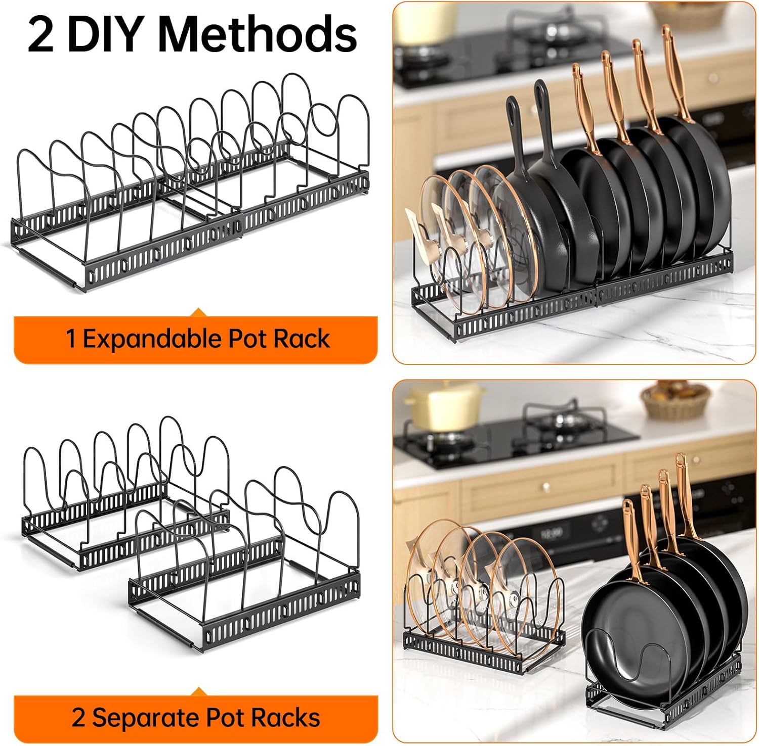 MUDEELA Pots and Pans Organizer Rack for under Cabinet, Expandable 11.81''-22.85'' Pot Lid Kitchen Cabinet Organizer Holder with 10 Adjustable Compartment Cutting Board Organizer for Pan Lid, Bakeware - Image 5
