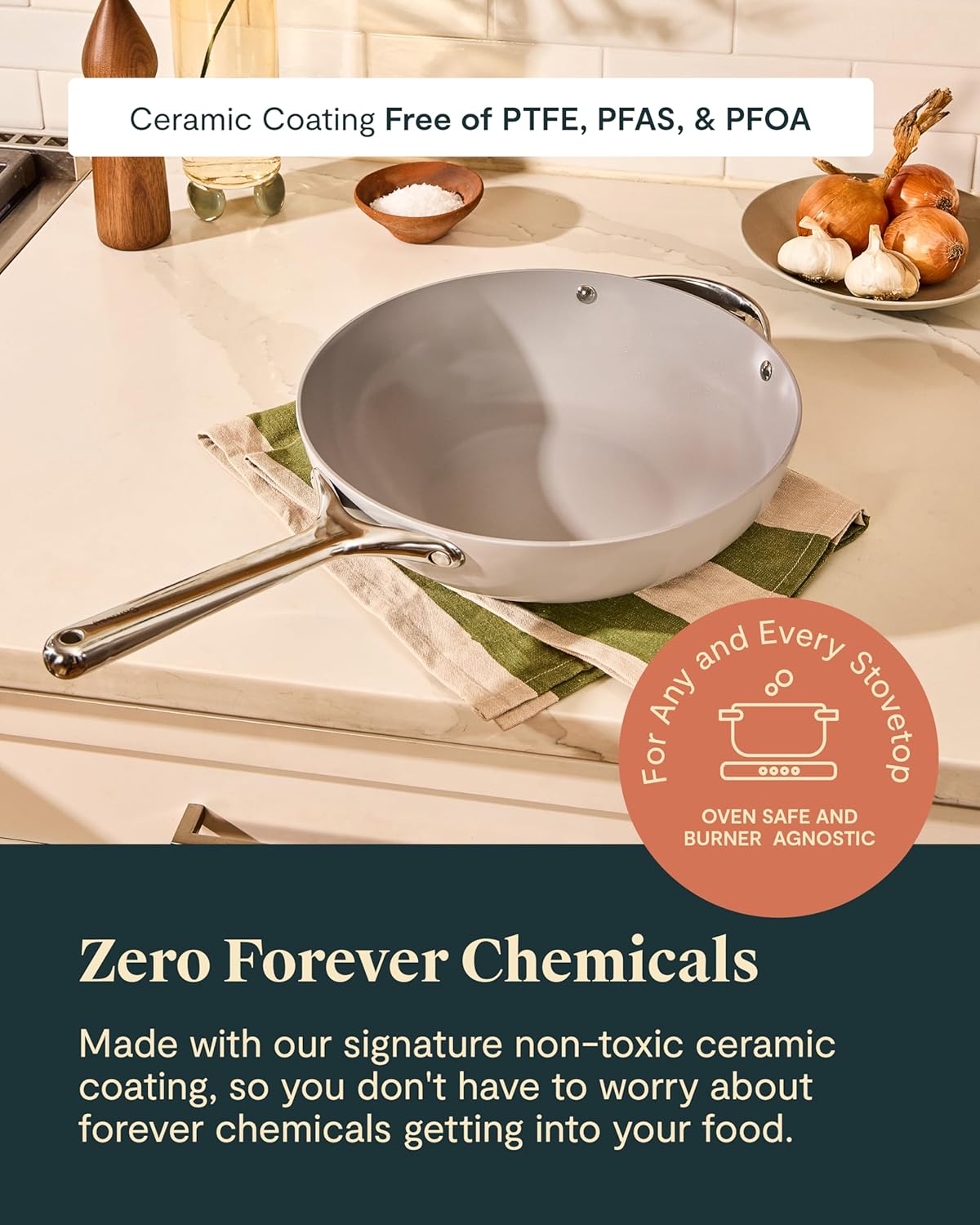 Caraway Non-Stick Stir Fry Pan - 12” Wok-Inspired Pan - Free From Forever Chemicals - High-Sloped Walls - Stainless Steel Handles - Cream - Image 4