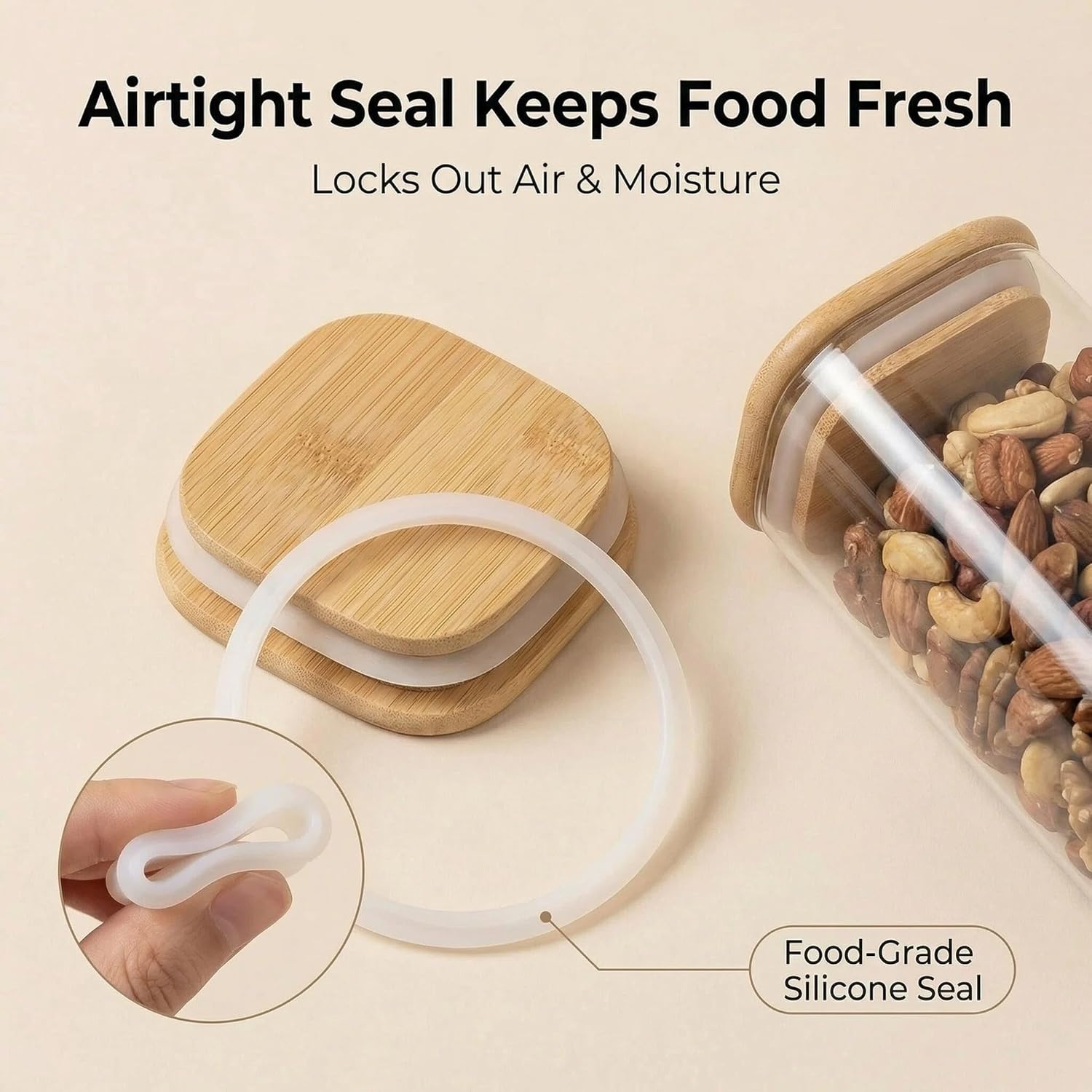 Airtight Glass Storage Containers with Lids Set of 6, 25 /37 /50oz Square Glass Jars with Bamboo Lids, Kitchen Canister Set for Pantry Organization Food Storage for Flour Sugar Rice Pasta Cereal - Image 3