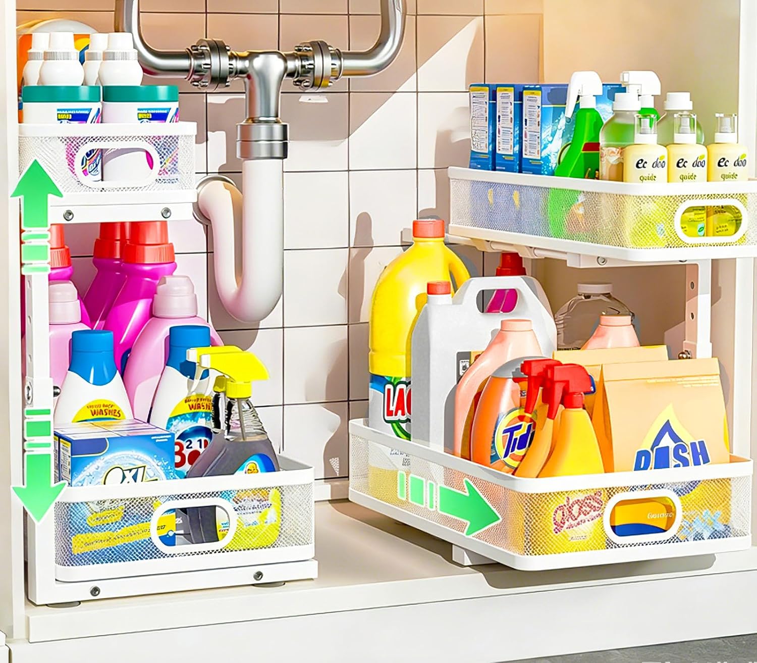Under Sink Organizer 2 Pack, High Adjustable 2 Tier Under Sink Organizers and Storage, Slide out Metal Cabinet Organizers, Pull out Storage Drawer Shelf for Kitchen Bathroom Cabinet (White)