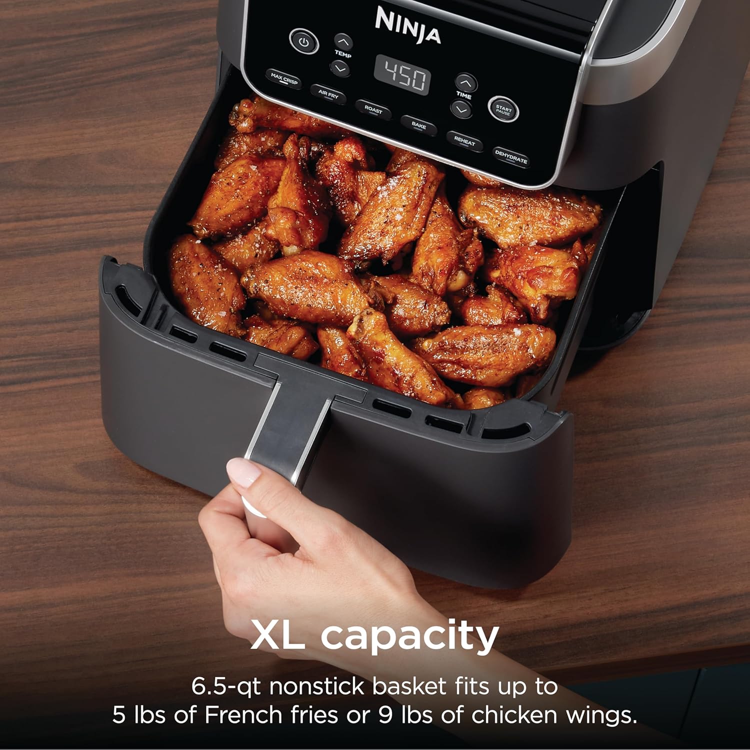Ninja XL Air Fryer with MaxCrisp | 6.5 QT Capacity | 6-in-1 Max Crisp, Air Fry, Roast, Bake, Reheat & Dehydrate | 450°F Temp | 1750 Watts | Nonstick Basket, Crisper Plate & Recipe Guide | Grey | AF181 - Image 9