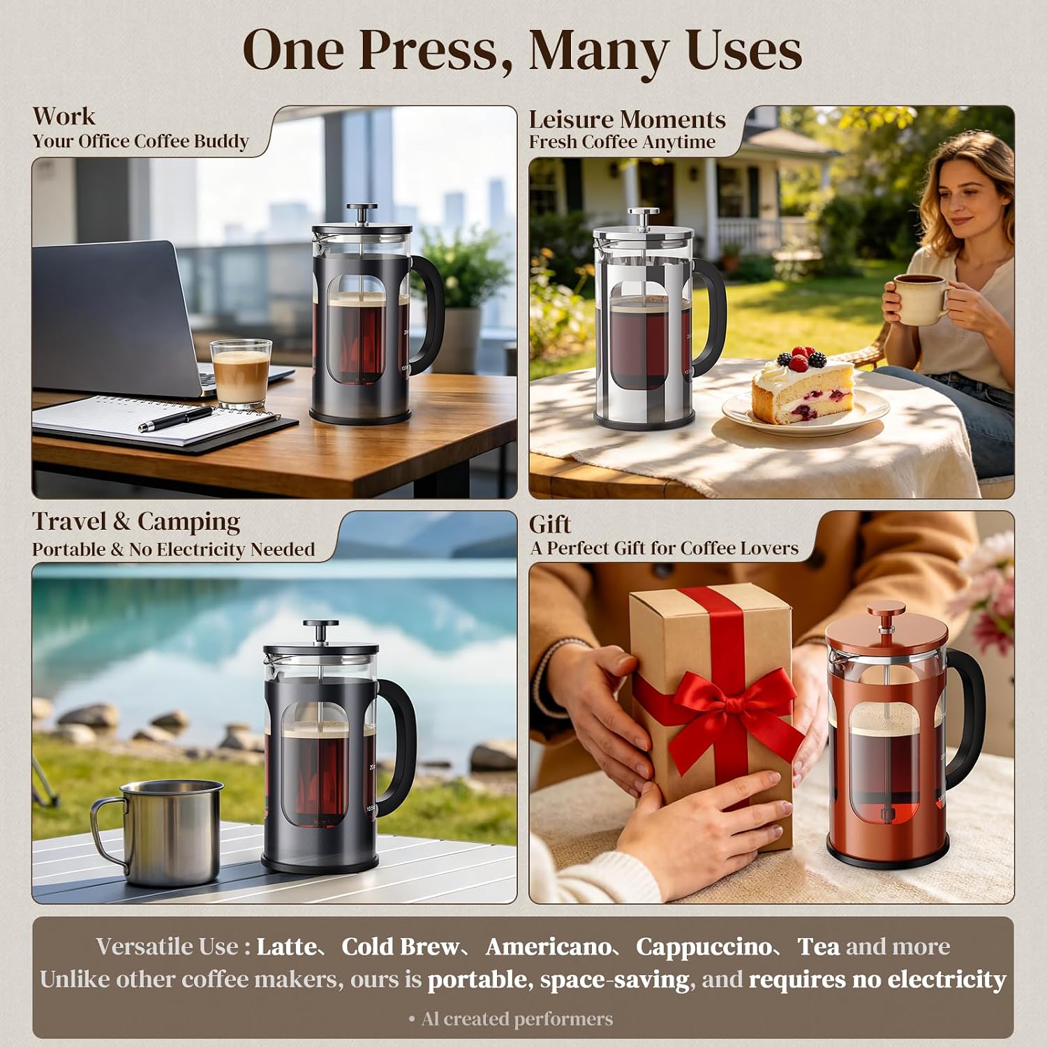 Veken French Press Coffee Maker 34oz, No Plastic Touching Cafe,Thickened Glass Stainless Steel Brewer, Cold Brew Cafetera Tea pot for Kitchen Travel Camping, Gifts, Decor, Bar Accessories, Dark Pewter - Image 3