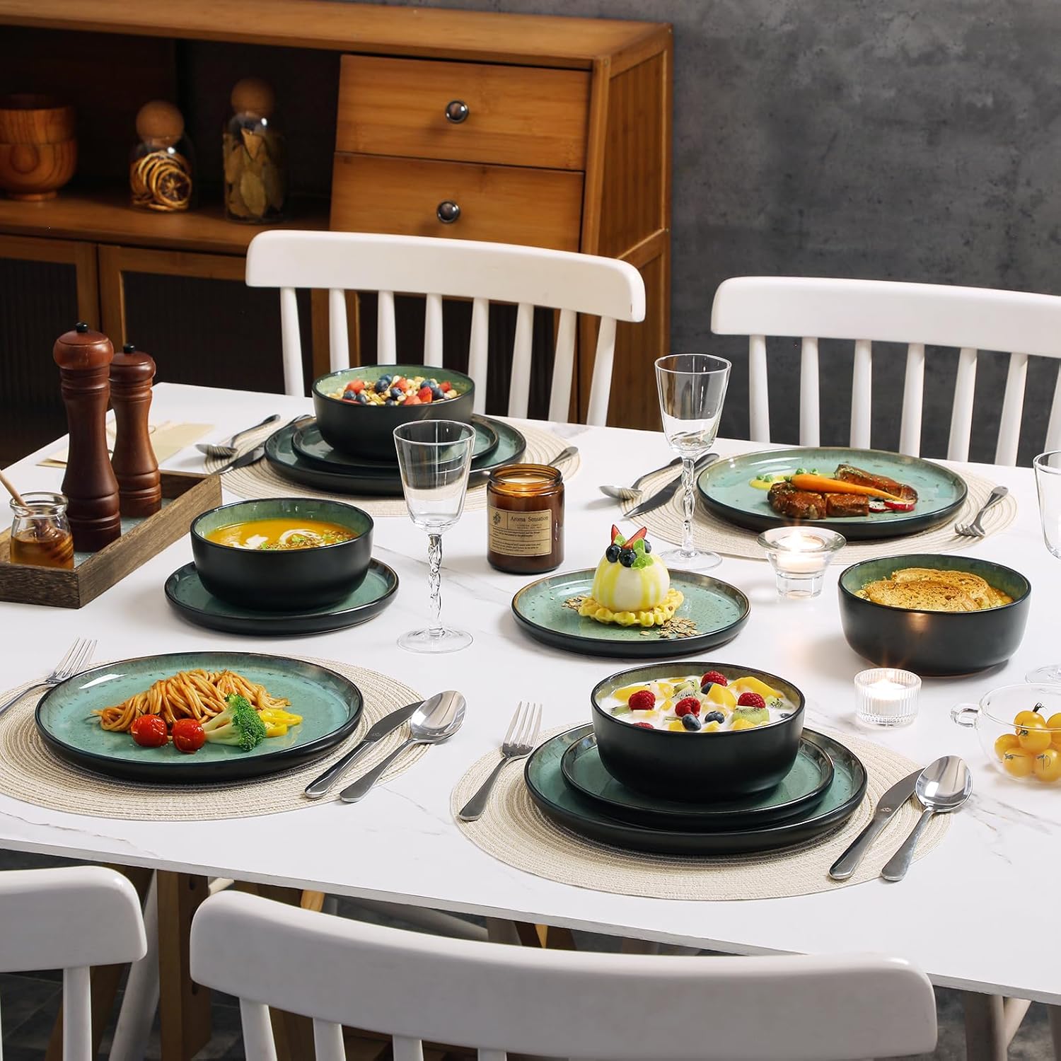 vancasso Plates and Bowls Sets, 24 Pieces Stoneware Dinnerware Sets for 8, Kitchen Dish Set Mircowave and Dishwasher Safe Ceramic Dishware, Turf Green, Series AMBER - Image 8