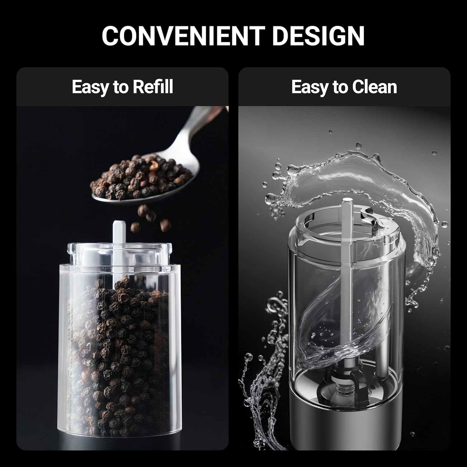 ThermoMaven Upgraded Larger Capacity Electric Salt and Pepper Grinder Set, 110ml Rechargeable Salt and Pepper Shaker with LED Light, 6 Adjustable Coarseness, Stainless Steel, Black & Silver - Image 6