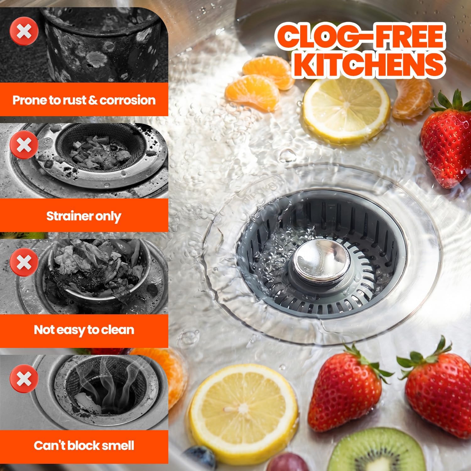 2 Pack Sink Drain Strainer - Sink Stopper, 3 in 1 Stainless Steel Kitchen Drain Plug with Deep Anti-Clog Basket and Odor-Blocking Seal, Pop-Up Design Fits Standard 3-1/2 Inch Sink - Image 4