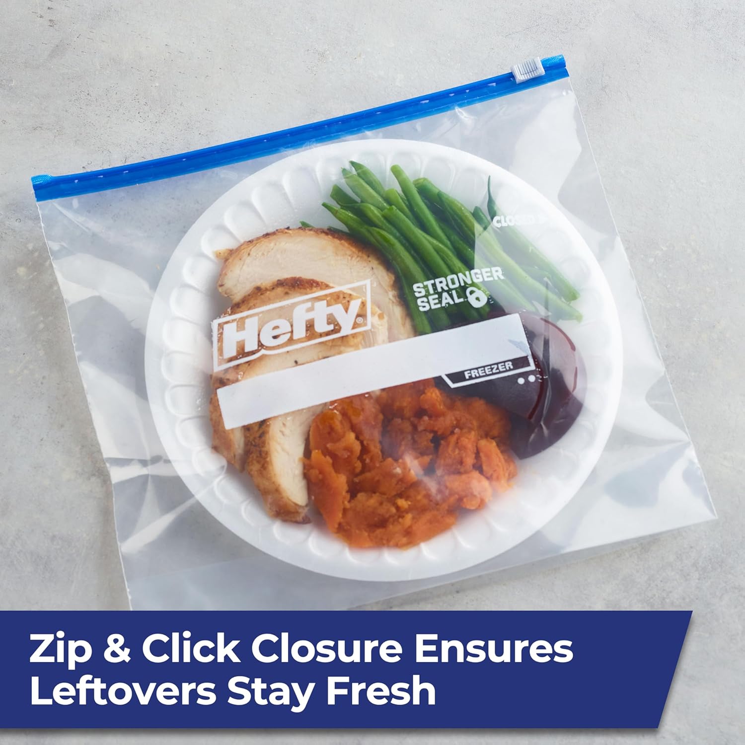 Hefty Slider 1 Gallon Freezer Bags, 56 Count, Gallon Slider Bags for Freezer, Holds Raw Meat, Soups, Prepped Fruits and Veggies, and More, Writable Label, Secure Zip and Click Closure - Image 6