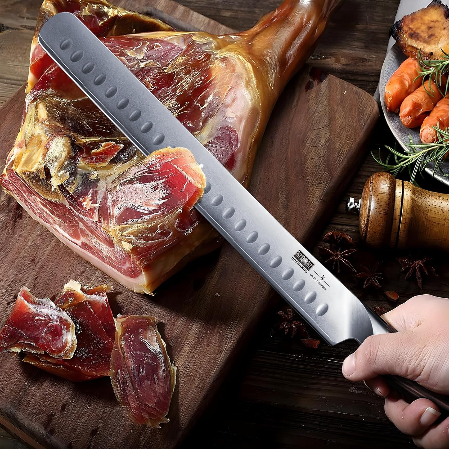 HOSHANHO Carving Knife 12 Inch, Japanese High Carbon Steel Slicing Knife with Ergonomic Pakkawood Handle, Razor Sharp Brisket Knives for Meat Cutting, BBQ, Turkey - Image 7