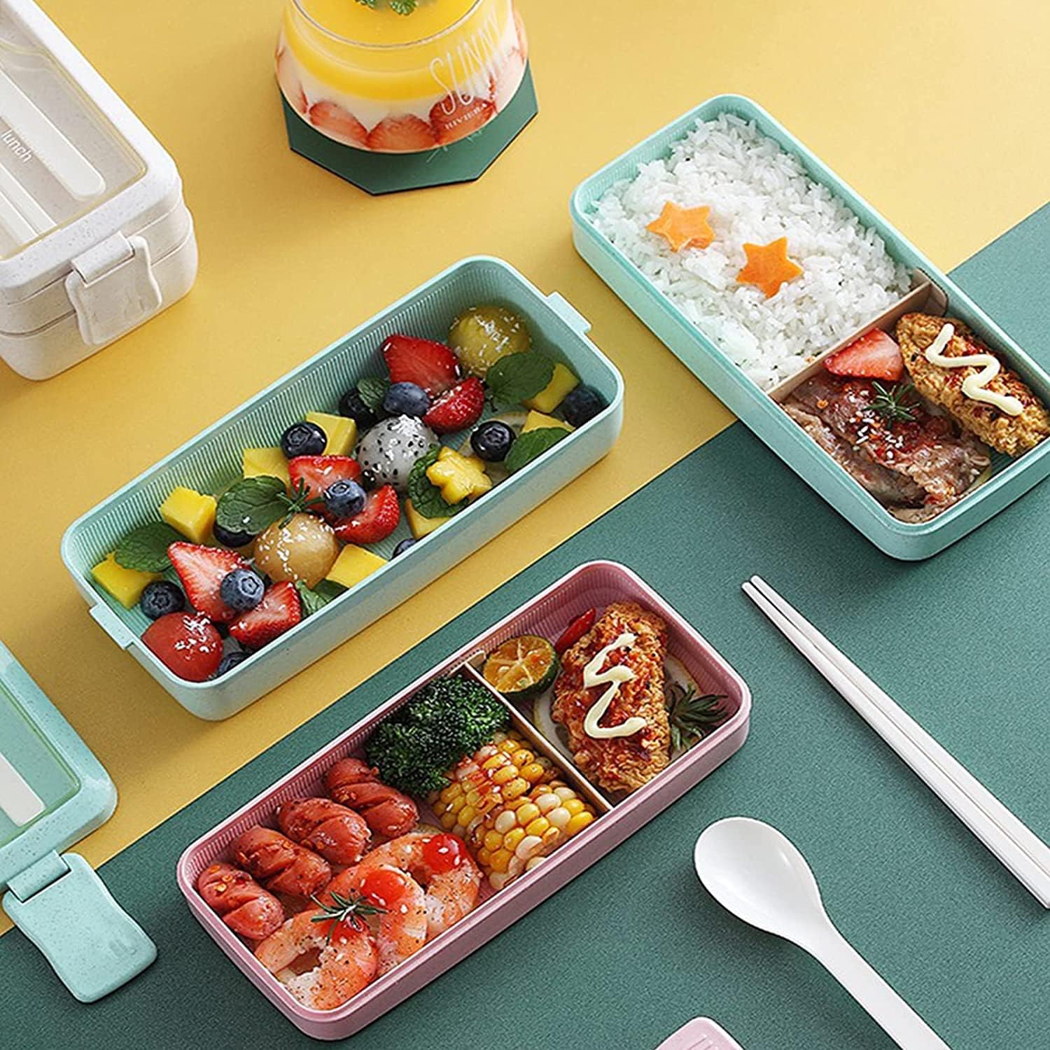 Rarapop 3 Pack Stackable Bento Box Adult Japanese Lunch Box Kit with Spoon & Fork, 3-In-1 Compartment Wheat Straw Meal Prep Containers (Green/Pink/Beige) - Image 7