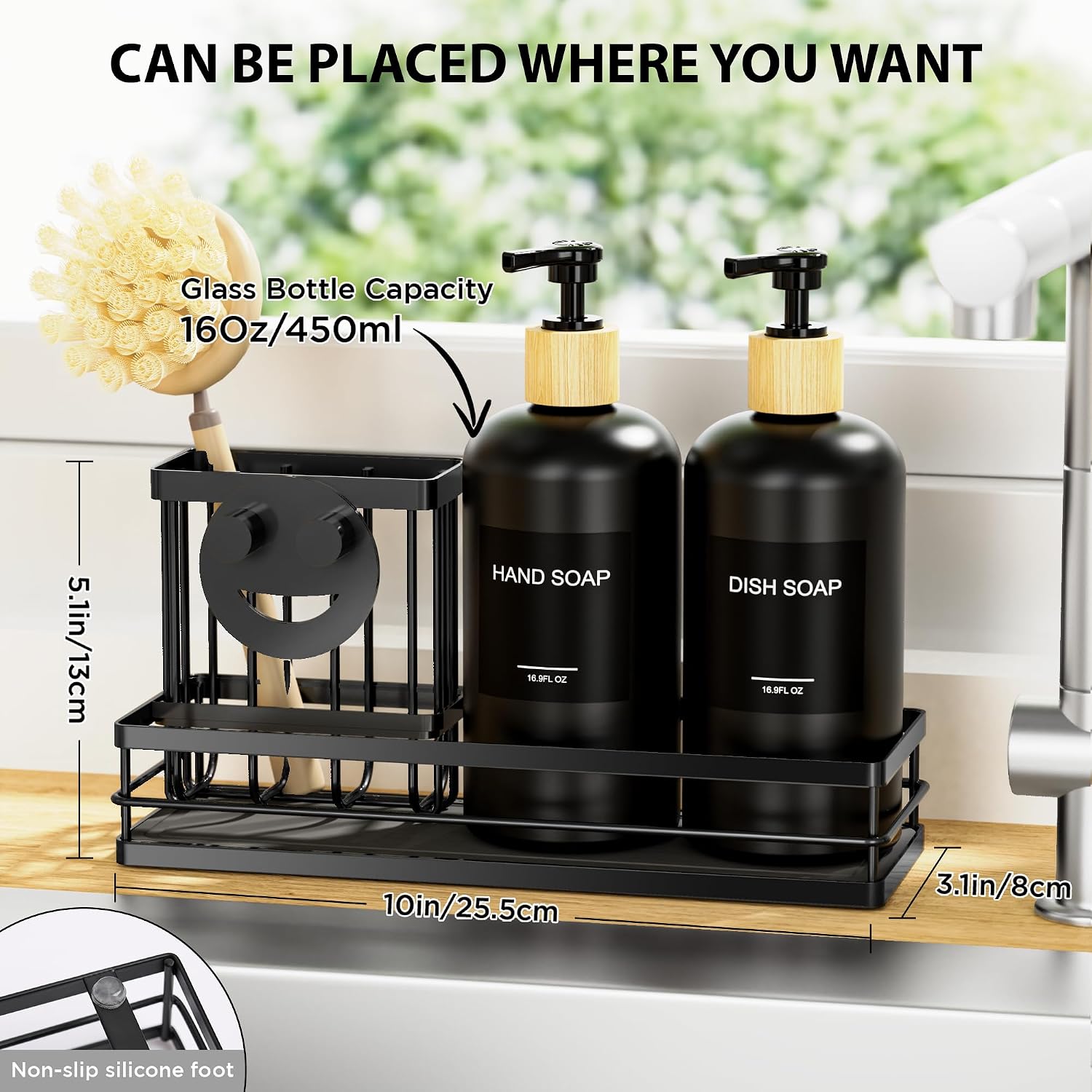 Moforoco Kitchen Dish Soap Dispenser Set, 16OZ Glass Bottle, Hand and Dish Soap Dispenser Set, Instant Dry Tray, Brush Holder with Smiley Face Sponge Holder (Black Tray+Black Bottle+Labels) - Image 3