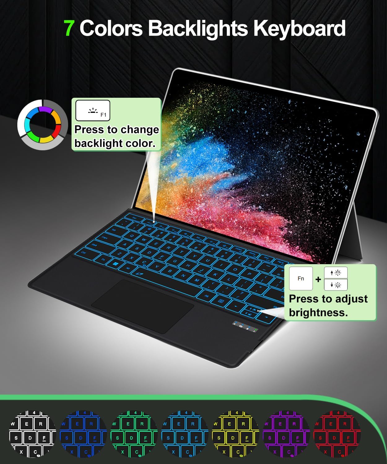 Surface Pro Keyboard for Pro 3/4/5/6/7/7 Plus (12.3 inch), Wireless Bluetooth Surface Keyboard with 12 Gesture Touchpad, 7 Colors Backlit, Smart Sleep/Wake, Rechargeable Battery& USB-C Charging - Image 3