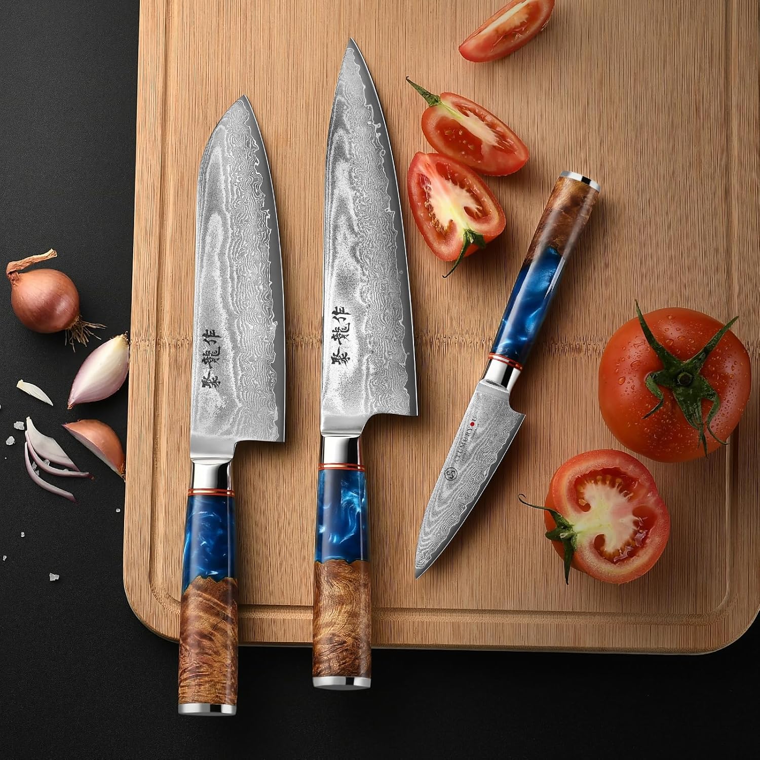 Japanese Chef Knife Set 3 Pcs, 67-Layer Damascus Kitchen Knife Set with VG10 Steel Core, Professional Sharp Damascus Knives with Ocean-Blue Ergonomic Handle, Include Elegant Cooking Gifts Box - Image 7