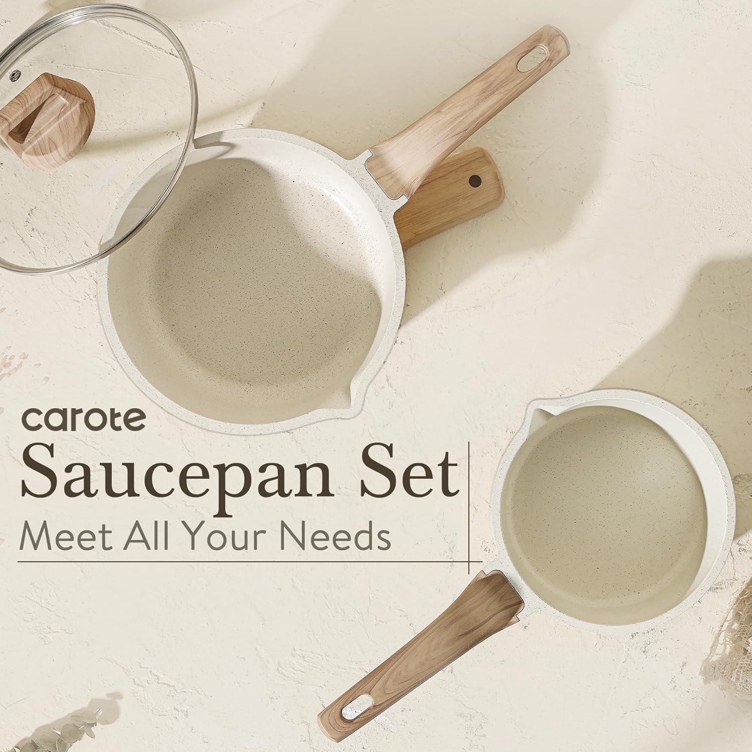 CAROTE 1.5Qt & 3.0Qt Sauce Pan Sets with Lid Cooking Pots Nonstick Saucepans Cookware Set with Pour Spout Small Kitchen Pot, Induction Comptable, Easy to Clean, PFOA FREE (White Granite) - Image 8