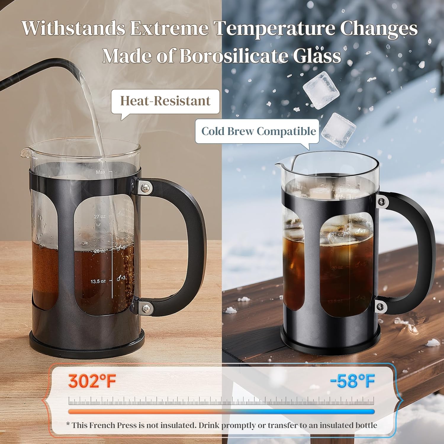 Veken French Press Coffee Maker 34oz, No Plastic Touching Cafe,Thickened Glass Stainless Steel Brewer, Cold Brew Cafetera Tea pot for Kitchen Travel Camping, Gifts, Decor, Bar Accessories, Dark Pewter - Image 6