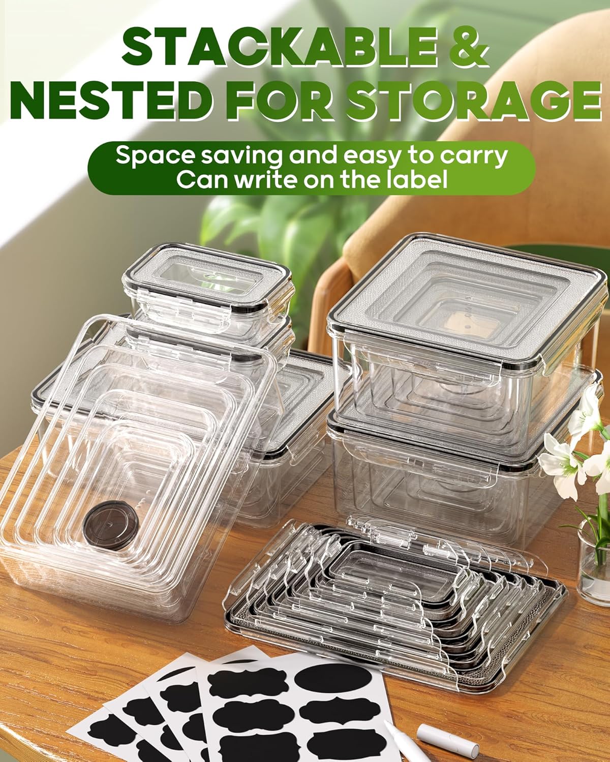 KEMETHY 60 PCS Food Storage Containers with Lids, BPA-Free Plastic Food Containers for Kitchen Storage, Leak Proof, Reusable Meal Prep Containers with Labels & Pen - Image 8