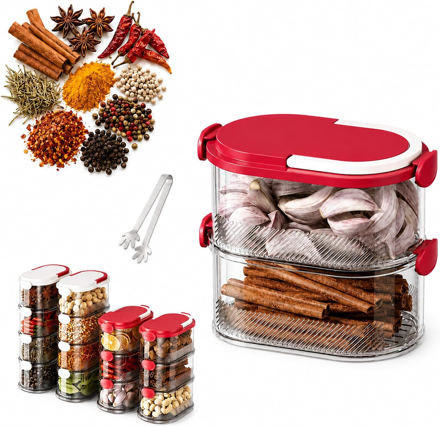 Multi-layer Sealed Spice Organizer, Stackable Multi Spice Container with Easy Lock Lids, Clear Vertical Spice Storage Box for Kitchen Cabinet, Camping, Herbs, Seasonings and Condiments (Red, 2PCS)