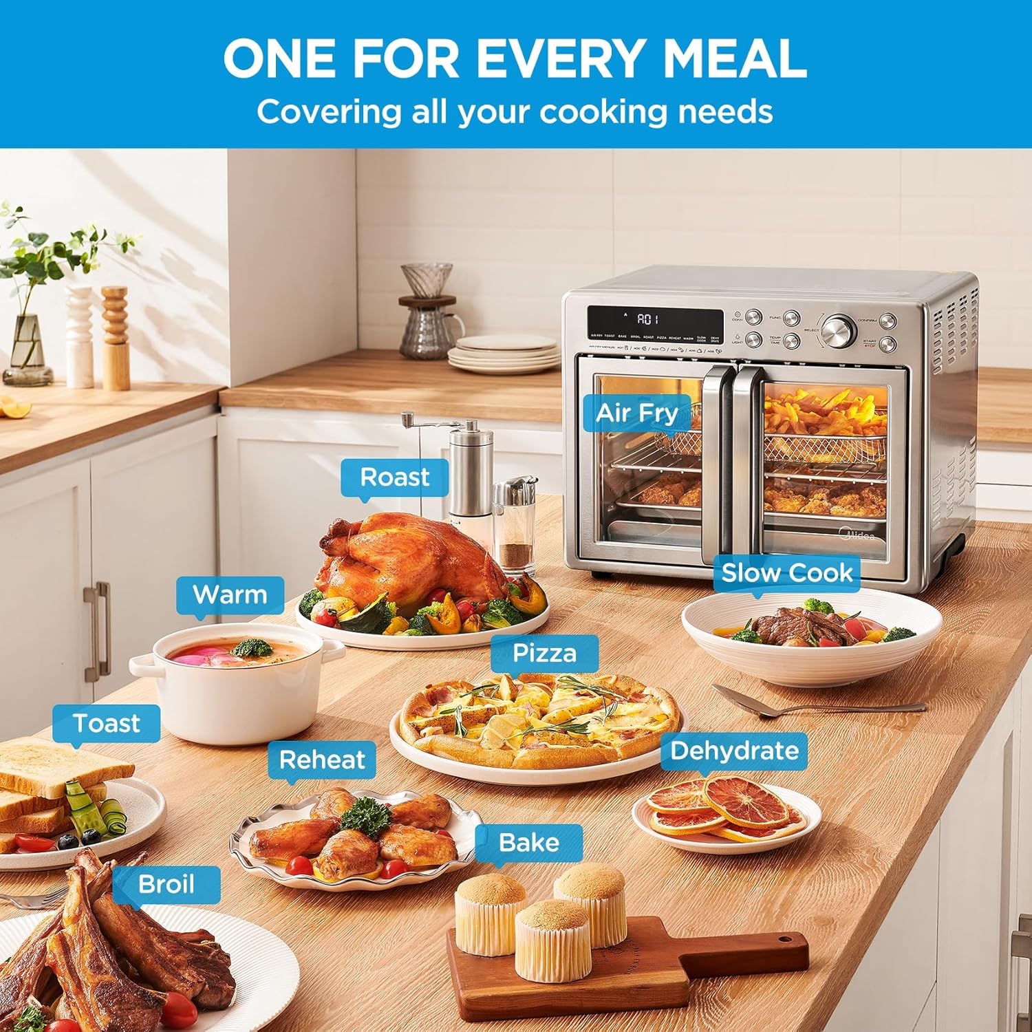 Midea Flexify Classic French Door Toaster Oven Air Fryer Combo, 10-in-1 Large Capacity 26.4 QT Countertop Oven, 25% Faster Cooking and 90% Less Oil, Stainless Steel - Image 7