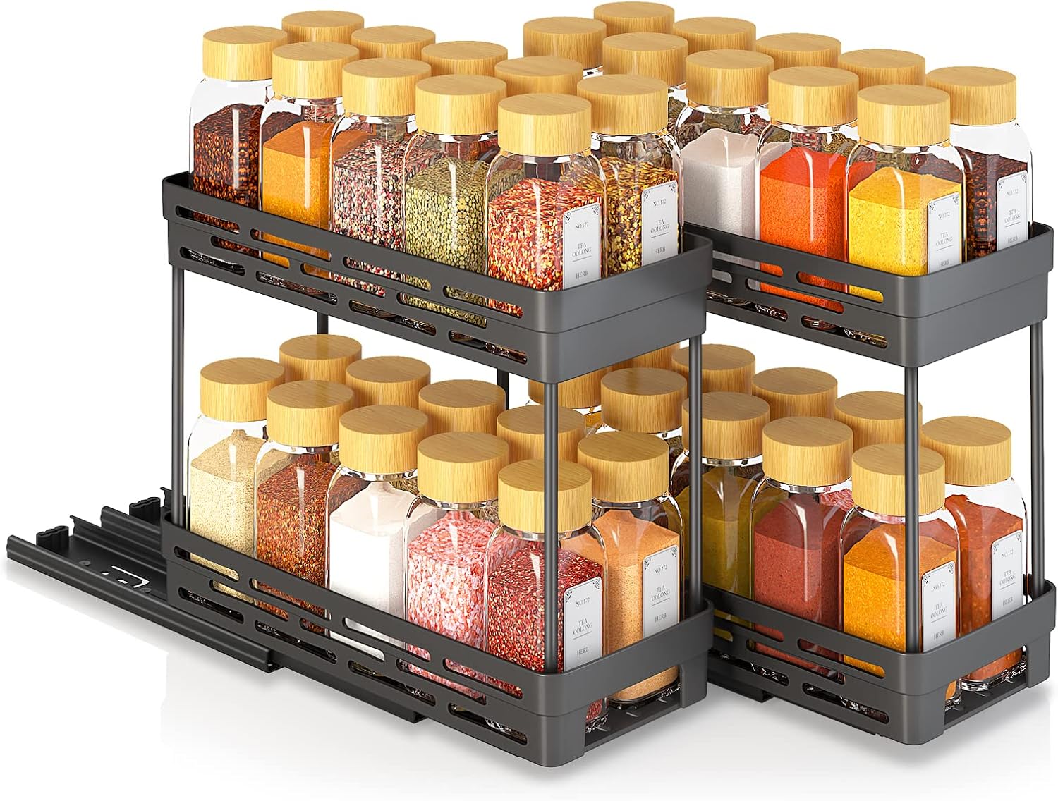 Pull Out Spice Rack Organizer for Cabinet, 3 Packs Slide Out Spice Racks Organizer, Spice Cabinet Organizers, Cabinet Size Need:12'' Highx11'' Deepx5'' Wide,Each Tier Hold 10 Spice Jar - 2 Tier, Black - Image 9
