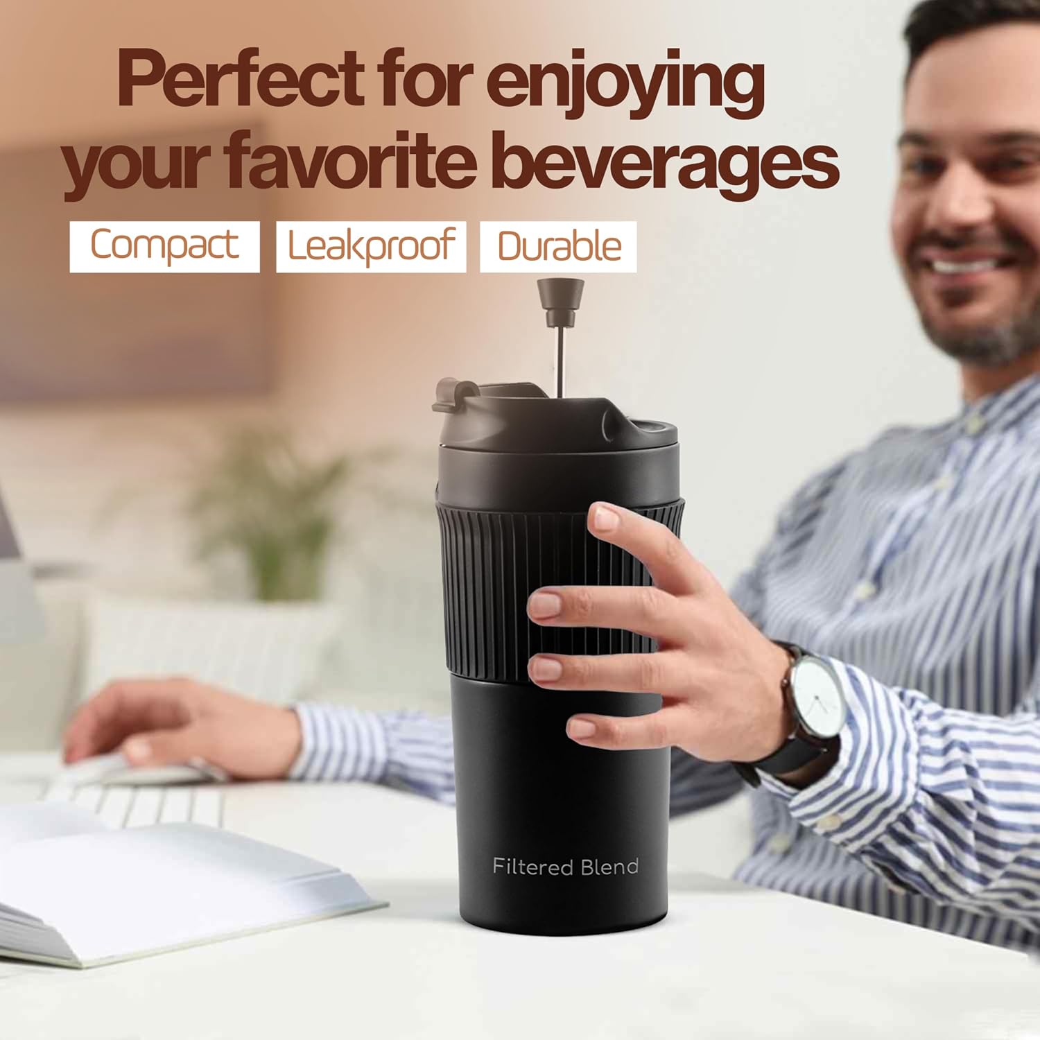 15oz Double Wall Stainless Steel Insulated French Press Coffee and Tea Maker - Portable Camping Mug and Tumbler - Heat Retaining, Leak-Proof, Travel-Friendly for Office and Outdoor Adventures (Black) - Image 2