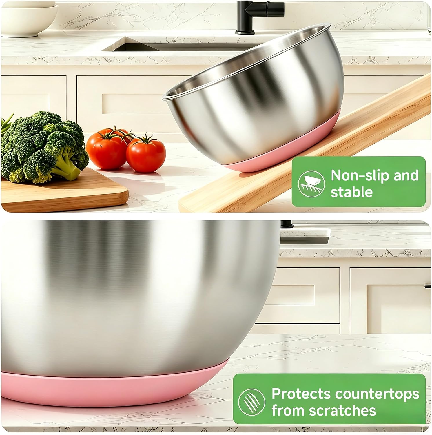 Mixing Bowls with Airtight Lids, Stainless Steel Nesting Bowl Set with Clear Lids & Valve, 3 Essential Sizes (1.5/3/5 QT), Measurement Marks, Non-Slip Silicone Base, Food Prep & Fridge Storage, Pink - Image 5