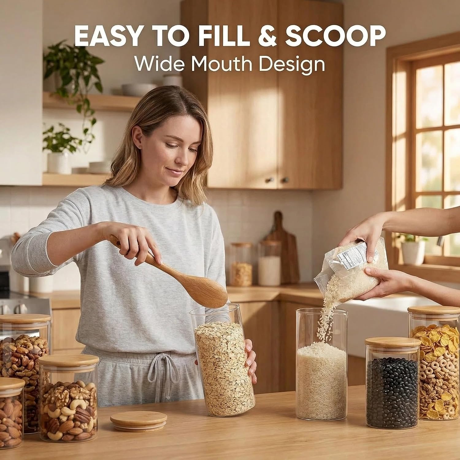 Airtight Glass Storage Containers with Lids Set of 6, 25 /37 /50oz Square Glass Jars with Bamboo Lids, Kitchen Canister Set for Pantry Organization Food Storage for Flour Sugar Rice Pasta Cereal - Image 7