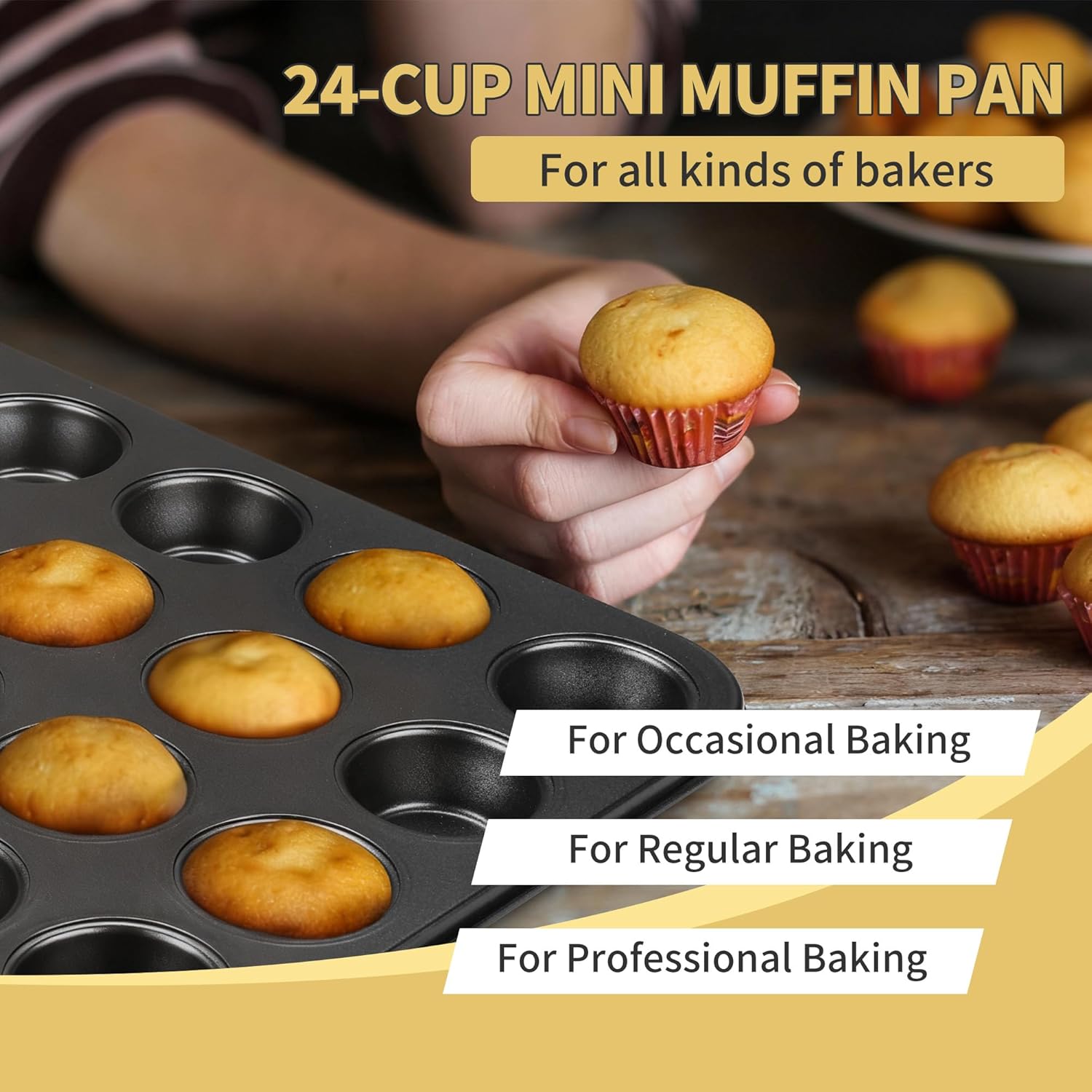 TeamFar Mini Muffin Pan, 24-Cup Non-Stick Carbon Steel Cupcake Tray Tin for Baking, Small Cup Cake Bakeware for Bite-Sized Cheesecake Tart Quiches, Even Baking & Effortless Release & Easy Clean - Image 6