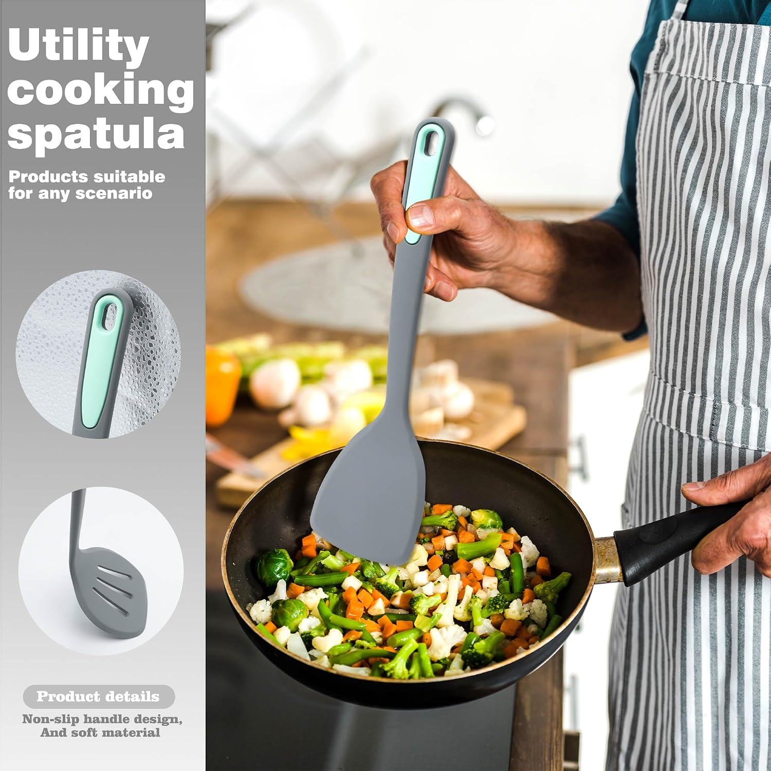 To encounter 5 Pieces Silicone Spatula Set, Non-Stick Silicone Turner Spatulas, Heat Resistance Cooking Utensils, Flip Turner for Fish, Egg, Pancake,Dishwasher Safe, Light Grey - Image 5