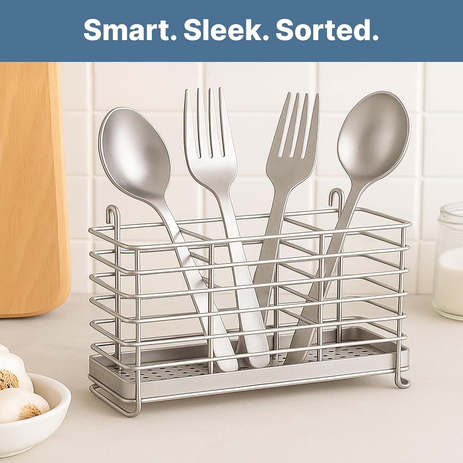 KESOL 304 Stainless Steel Utensil Drying Rack with Hooks & 3 Divided Compartments, Silverware Drying Basket, Spoon and Fork Organizer, Rustproof Kitchen Drainage Basket Accessories, Silver, 2x8.7x5 - Image 6