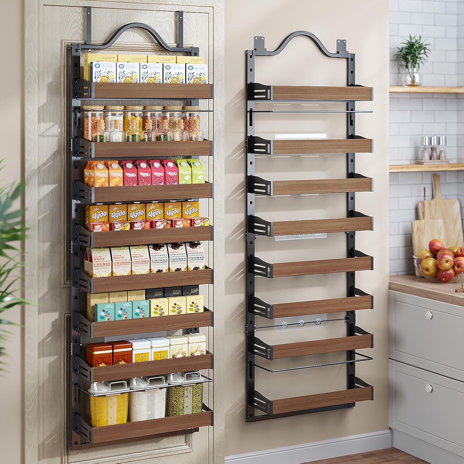 8-Tier Pantry Door Organizer, Over the Door Pantry Organizer with Wooden Adjustable Baskets, 2 IN 1 Spice Rack Wall Mount or Door Organizer, Door Spice Rack for Pantry(72.6×17.1×5.1in,Black)