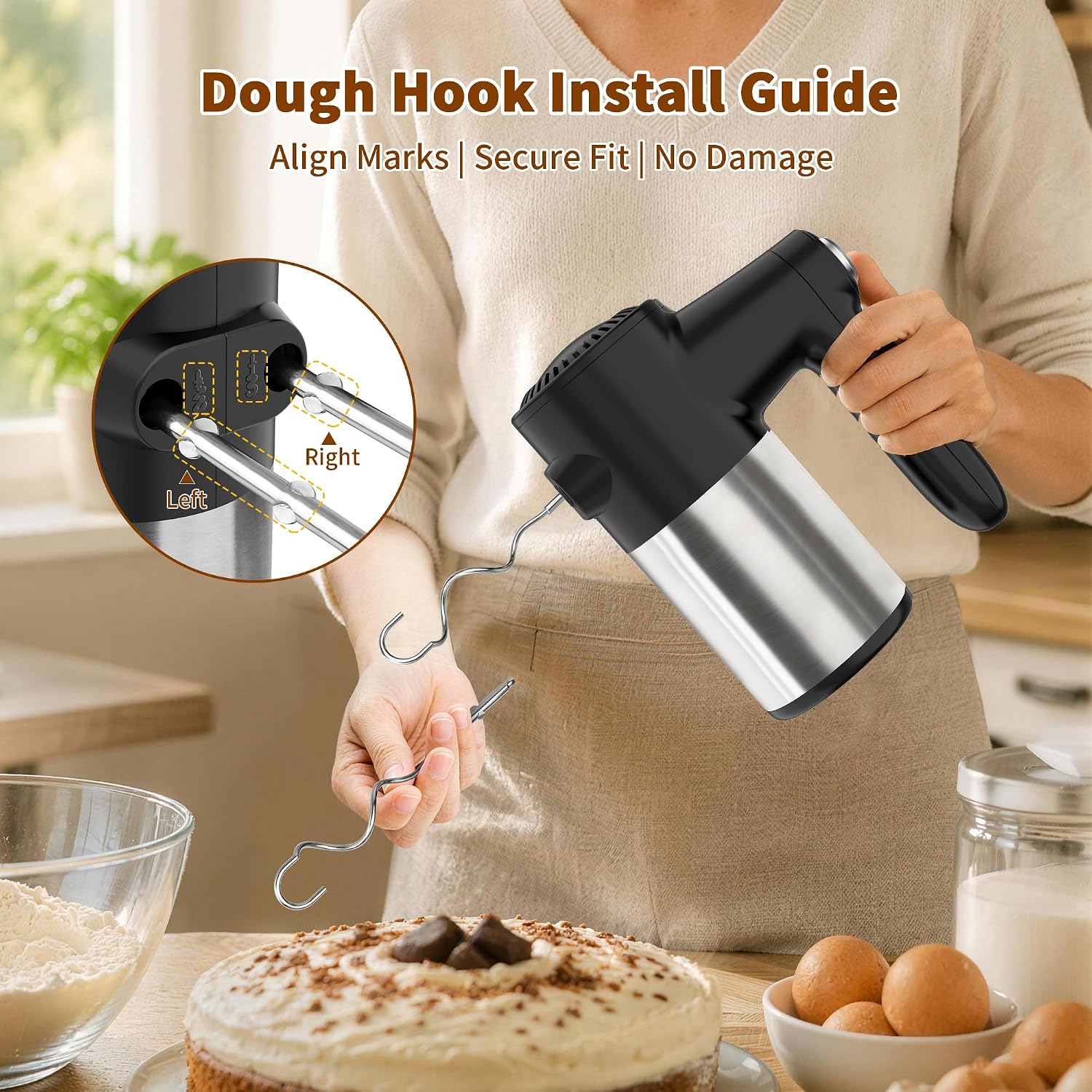 Cordless Electric Hand Mixer, 7 Speed Rechargeable Wireless Handheld Mixer with Eject Button, Long Battery, Quiet Anti-Splash, 6×304 Stainless Steel Attachments & Storage Base for Baking (Black) - Image 9