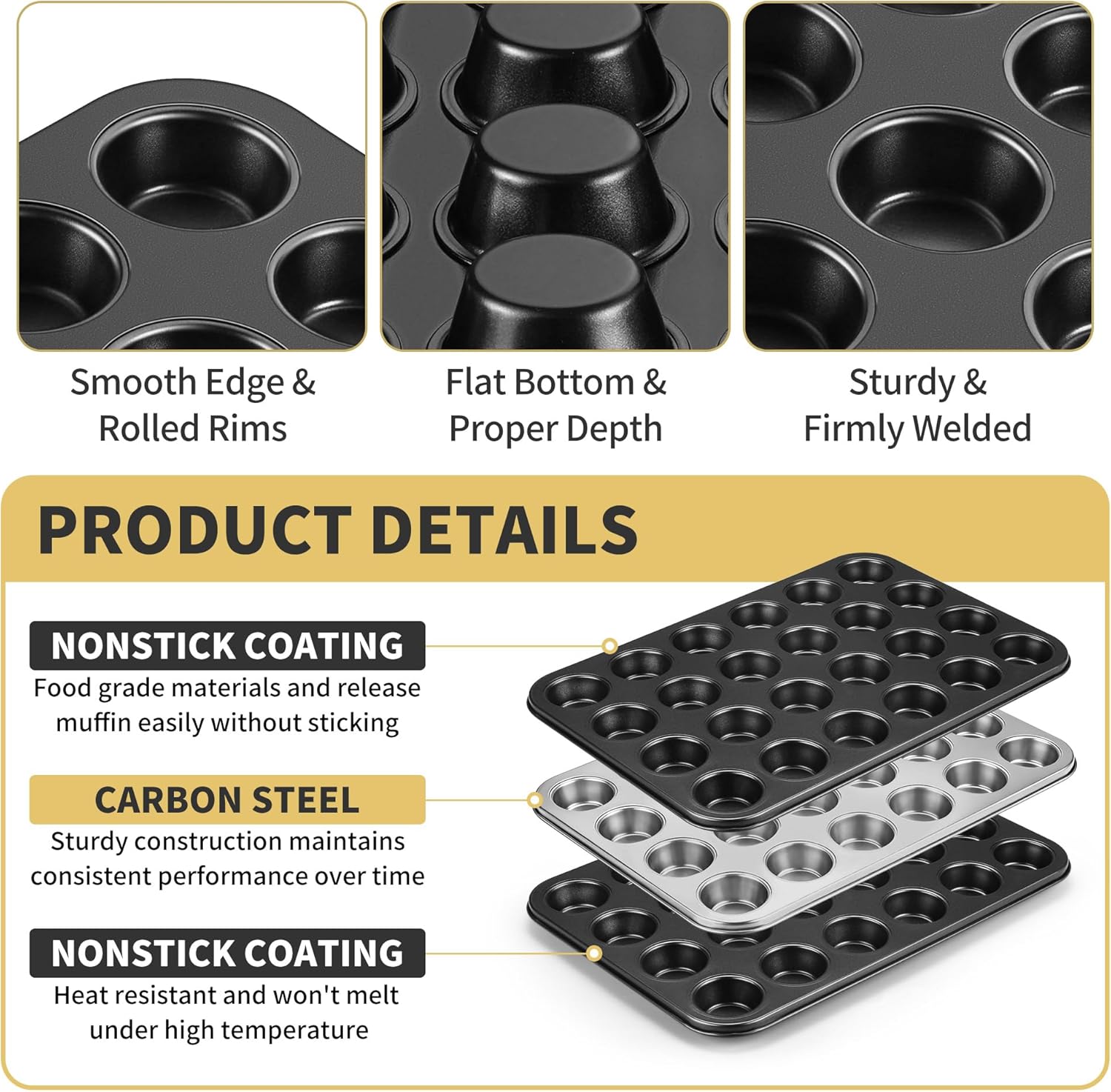TeamFar Mini Muffin Pan, 24-Cup Non-Stick Carbon Steel Cupcake Tray Tin for Baking, Small Cup Cake Bakeware for Bite-Sized Cheesecake Tart Quiches, Even Baking & Effortless Release & Easy Clean - Image 3