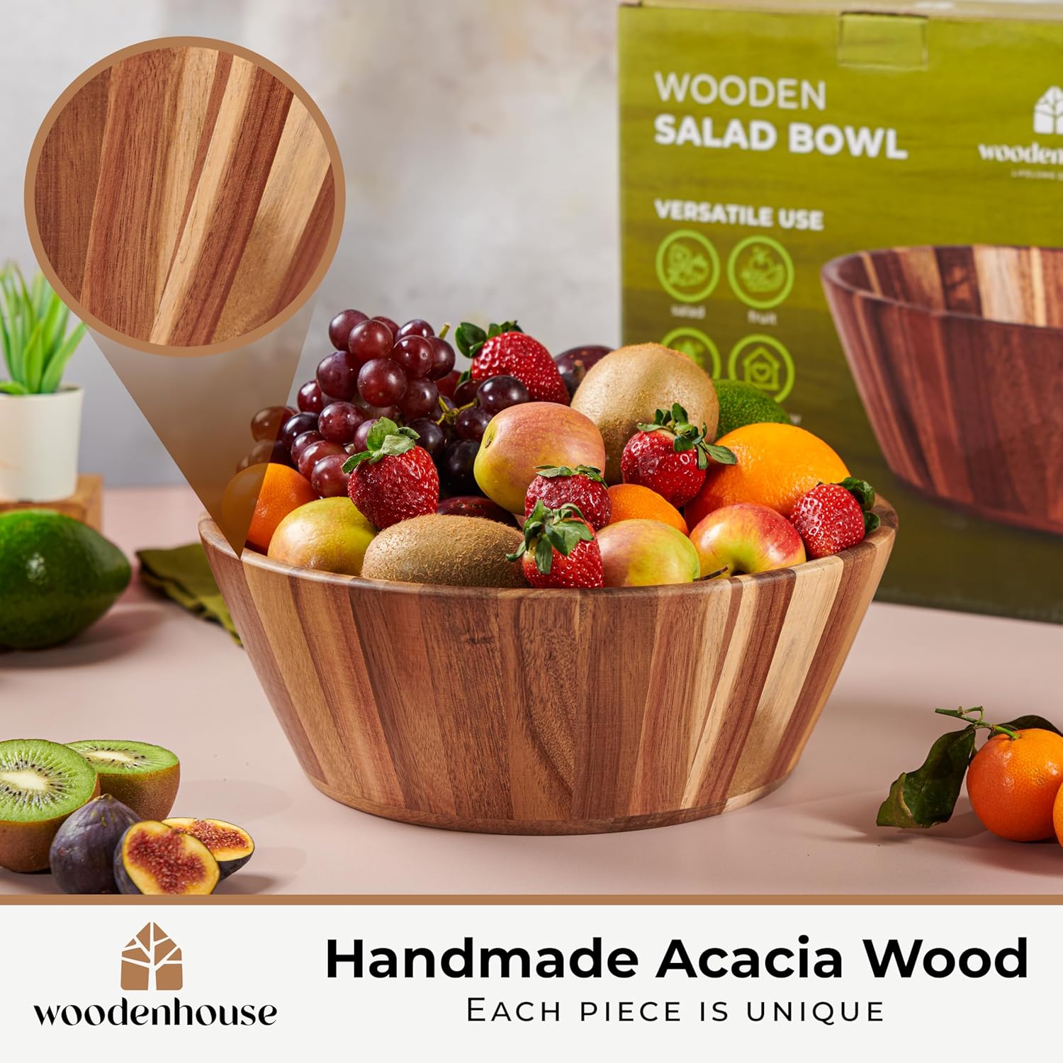 Woodenhouse Wooden Salad Bowl, Salad Bowl, Wooden Bowl - 12" Round Design Fruit Bowl, Handmade, Durable and Stylish Natural Wood Dining Accessory - Image 3