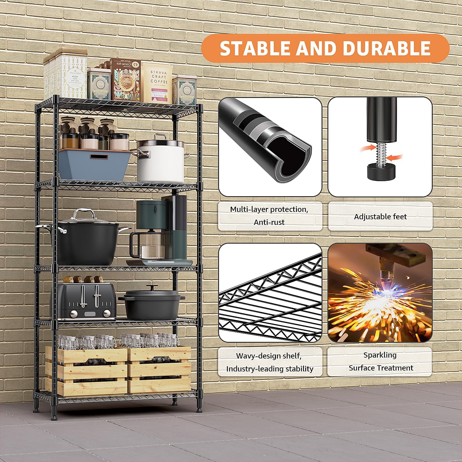 M MZG 5 Tiers Shelf Metal Storage Shelves Standing 1750 LBs Household Shelf Organizer for Kitchen Pantry Closet Garage Basement Utility Room, Black15.7 D x 45.3" W x 70.4" H - Image 9
