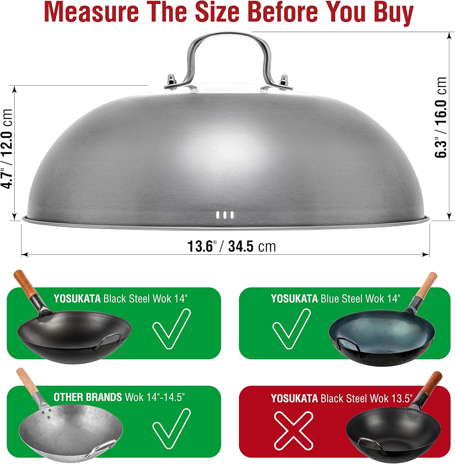YOSUKATA Wok Lid 13.6 Inch - Premium Stainless Cover with Tempered Glass Insert Steam Holes - Dishwasher-Safe Lid for 14-Inch Wok - Chees Melting Dome for Griddle - Image 3