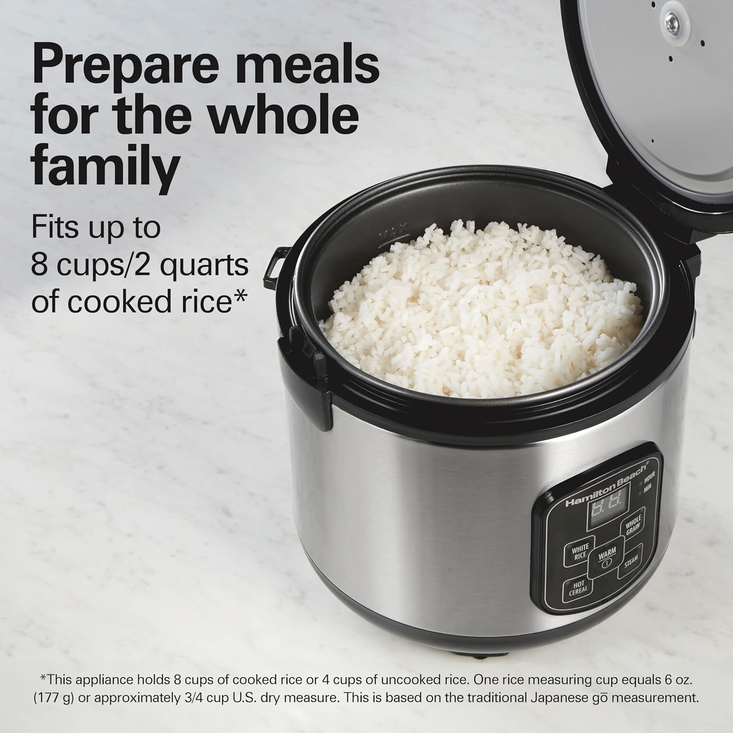 Hamilton Beach Digital Programmable Rice Cooker & Food Steamer, 8 Cups Cooked (4 Uncooked), With Steam & Rinse Basket, Stainless Steel (37518) - Image 8