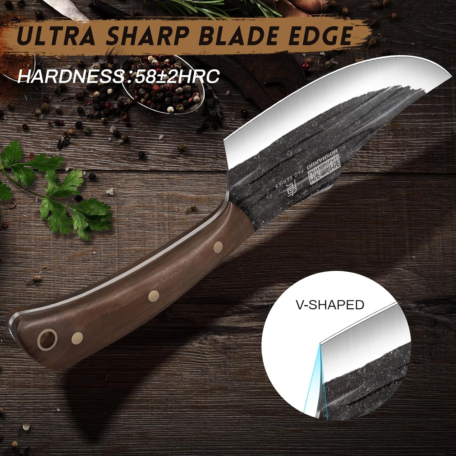 HOSHANHO Butcher Knife Set, Hand Forged Butcher Chef Knife Set with Roll Bag, Sharp Meat Cleaver Knife & Bone Chopper Knives & Fillet Knives for Home & Camping & BBQ Gift with Men - Image 4