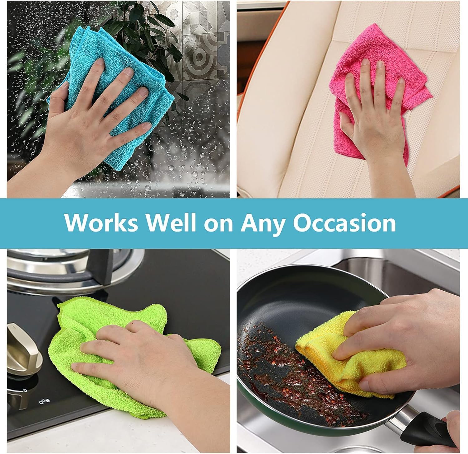 HOMEXCEL Microfiber Cleaning Cloth 210GSM, Pack of 12, Size:11.5" x 11.5", Ultra-Soft, High-Density Non-Abrasive Cleaning Towels for Cars, Glass, Kitchen, Reusable Rags, Blue/Green/Yellow/Pink - Image 6