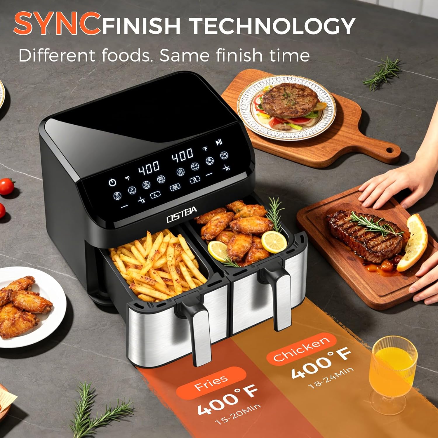 OSTBA 9.5QT Double Air Fryer, 1700W Dual Air Fryer with 2 Independent 4.25QT Stainless Steel Baskets, Digital Touchscreen, Sync Finish, 8 Presets, Auto Shutoff, Nonstick Dishwasher Safe - Image 4