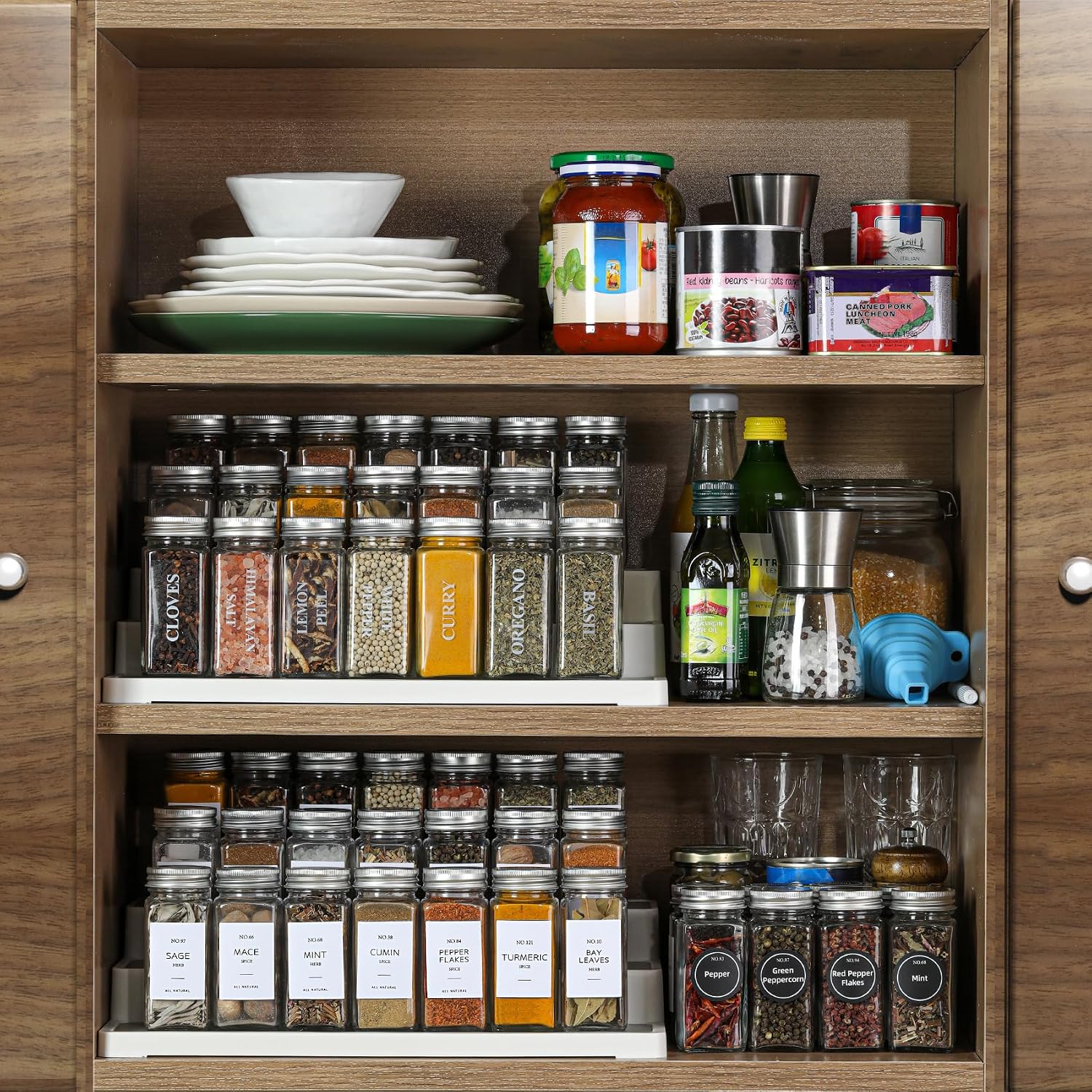 NETANY 24 Pcs Glass Spice Jars with Bamboo Lids, 4 oz Glass Jars with Minimalist Farmhouse Spice Labels Stickers, Collapsible Funnel, Seasoning Storage Bottles for Spice Rack, Cabinet, Drawer - Image 8