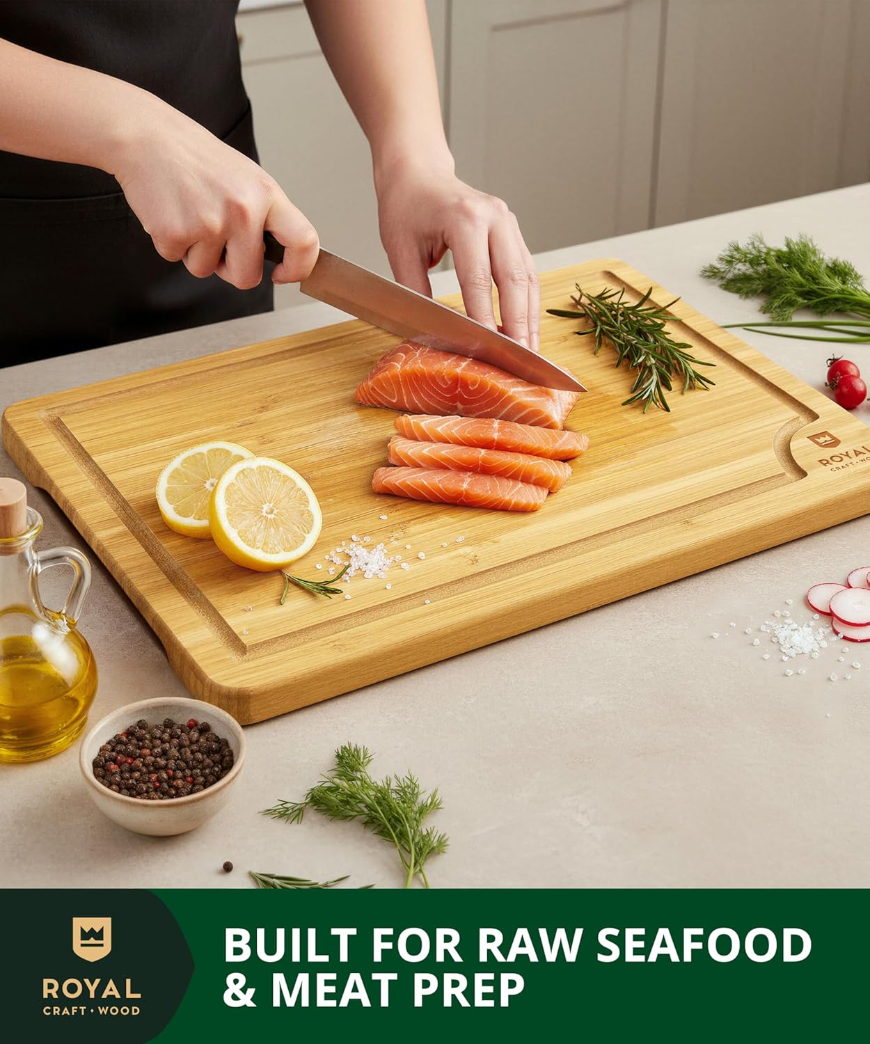 ROYAL CRAFT WOOD Wooden Cutting Boards for Kitchen Meal Prep & Serving - Bamboo Wood Serving Board Set with Deep Juice Groove Side Handles - Charcuterie & Chopping Butcher Block for Meat - Image 8
